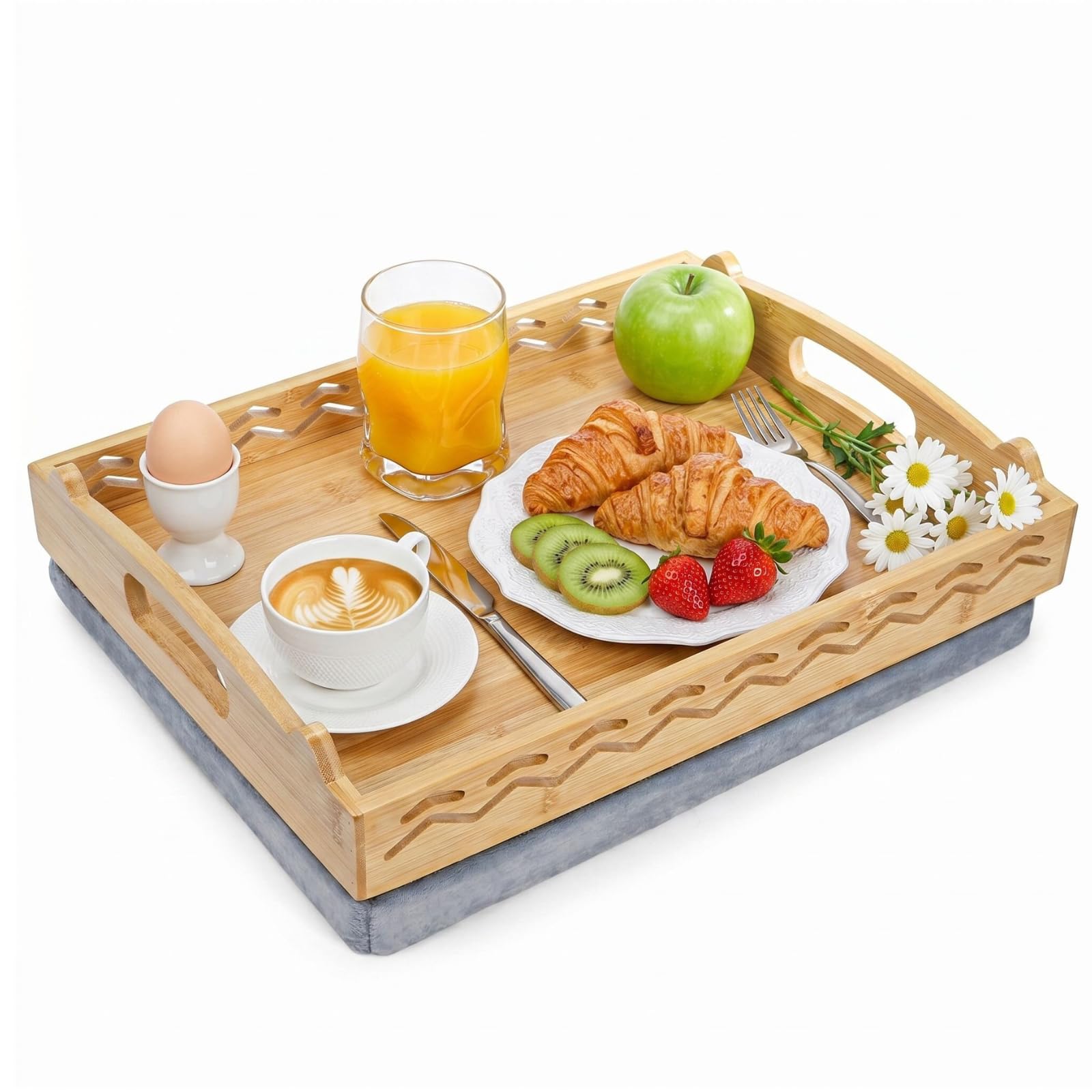 Okllen Bamboo Lap Tray with Detachable Cushion & Handles, 16x12.2 Breakfast Bed Tray for Eating, Recliner/Sofa/Bed, Housewarming