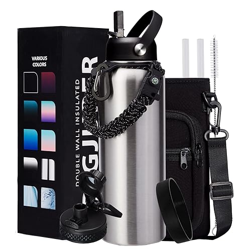 40oz Stainless Steel Water Bottle - Wide Mouth Vacuum Insulated Metal Water Bottle with Straw Lid & Paracord Handle  Sweat-Proof Water Flask Thermo Metal Mug with Strap for Gym Camping Hiking