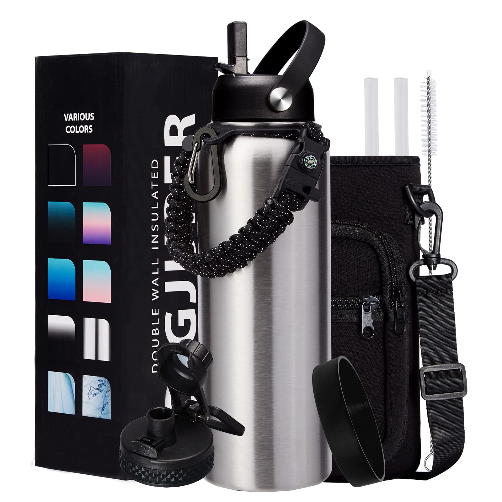 40Oz Stainless Steel Water Bottle - Wide Mouth Vacuum Insulated Metal Water Bottle With Straw Lid & Paracord Handle, Sweat-Proof