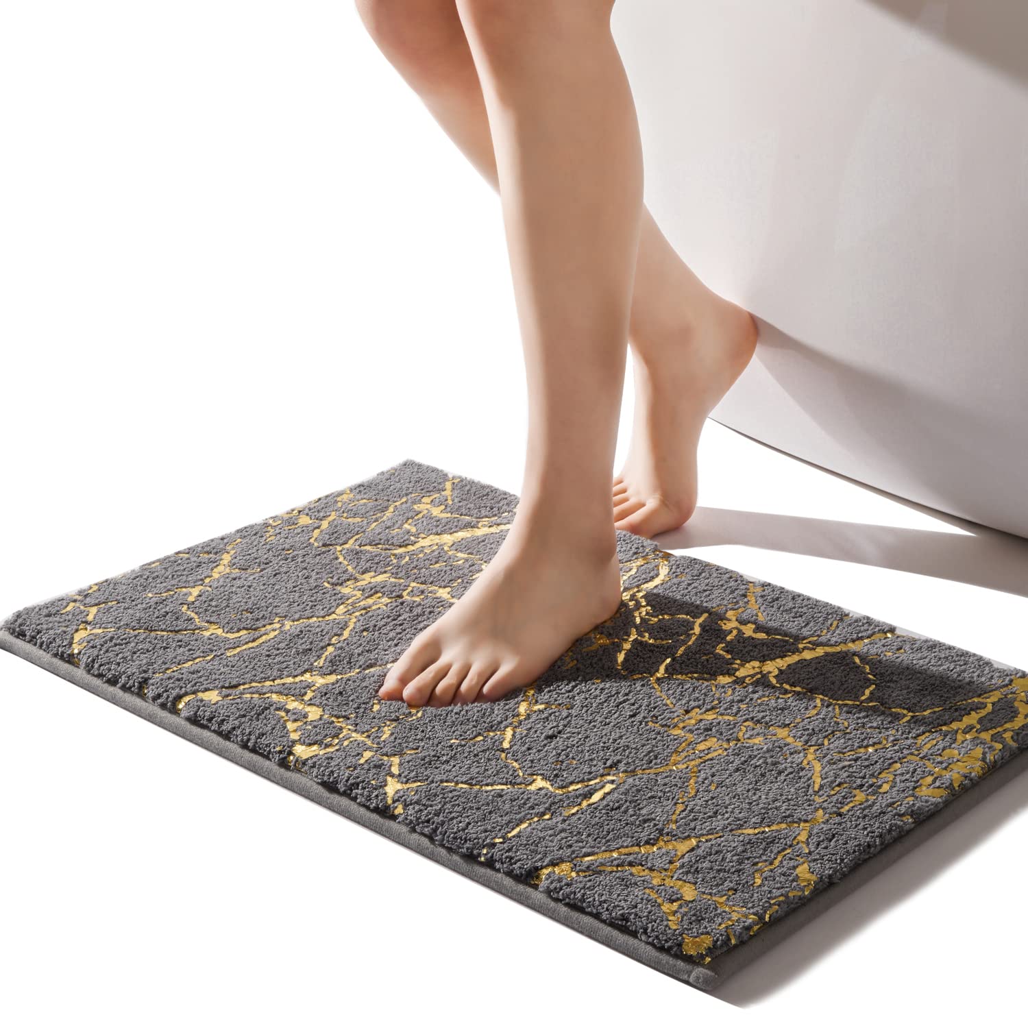 Qjhomo Marble Bathroom Rug Gray And Gold Decor Bathroom Rugs Non Slip Bath Mat Super Absorbent Microfiber Plush Bathmat Machine
