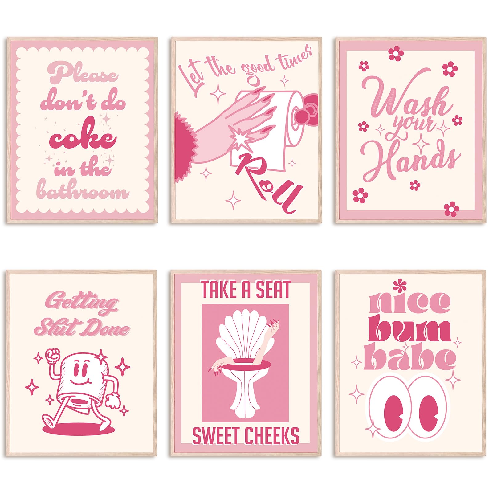 Whaline 6Pcs Funny Bathroom Wall Art 8X10 Inch Pink Bathroom Art Poster Decor Wash Your Hands Tissue Vintage Art Prints For Bath