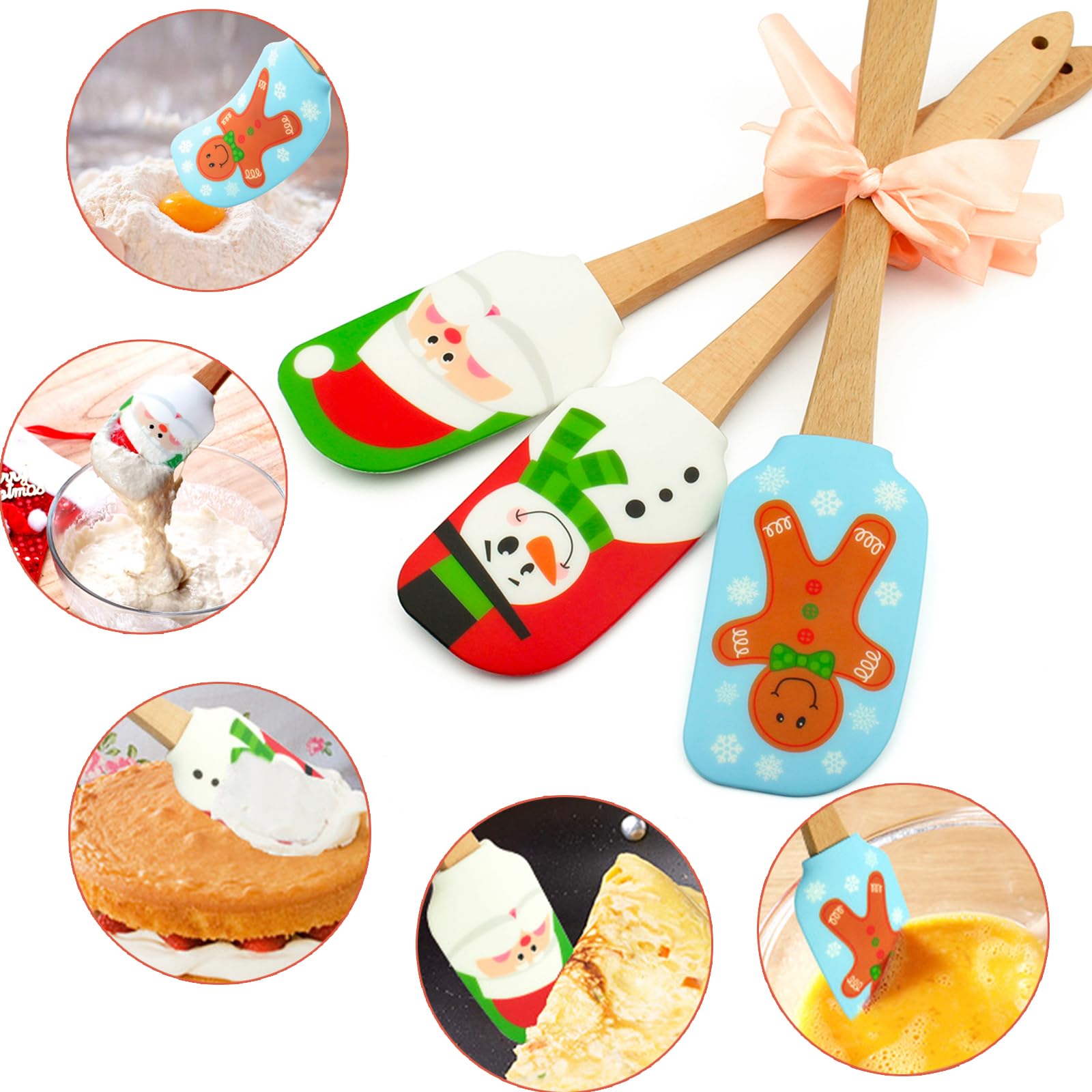 Silicone Spatula, Caliamary 3 Pieces Kitchen Silicone Spatula Set, Christmas Cake Decorating Spatula With Wooden Handle, Snowman