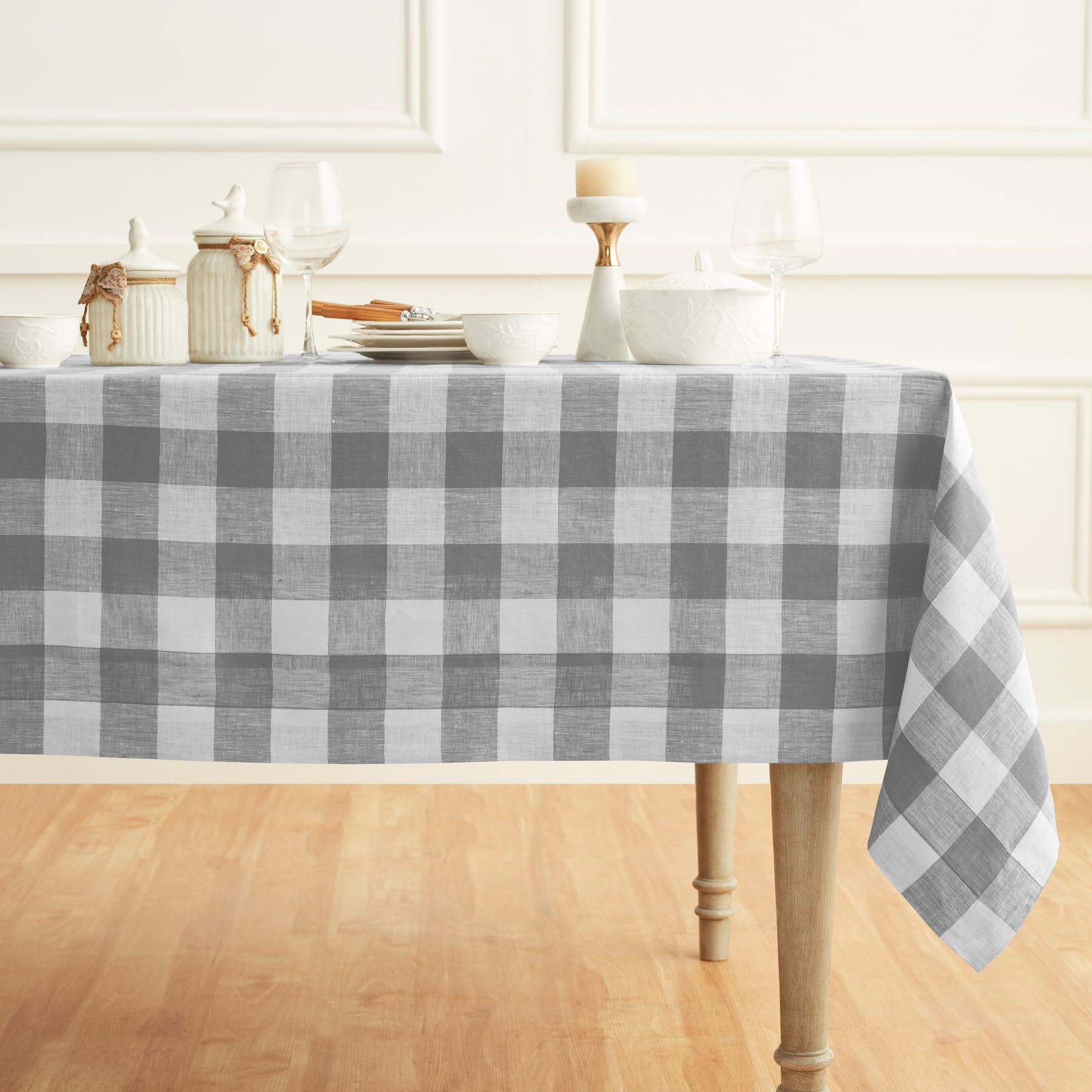 Solino Home Buffalo Check Linen Tablecloth 90 ''L X 60 ''W Inch - 100% Pure Linen Grey And White Table Cloth For Rectangle Table