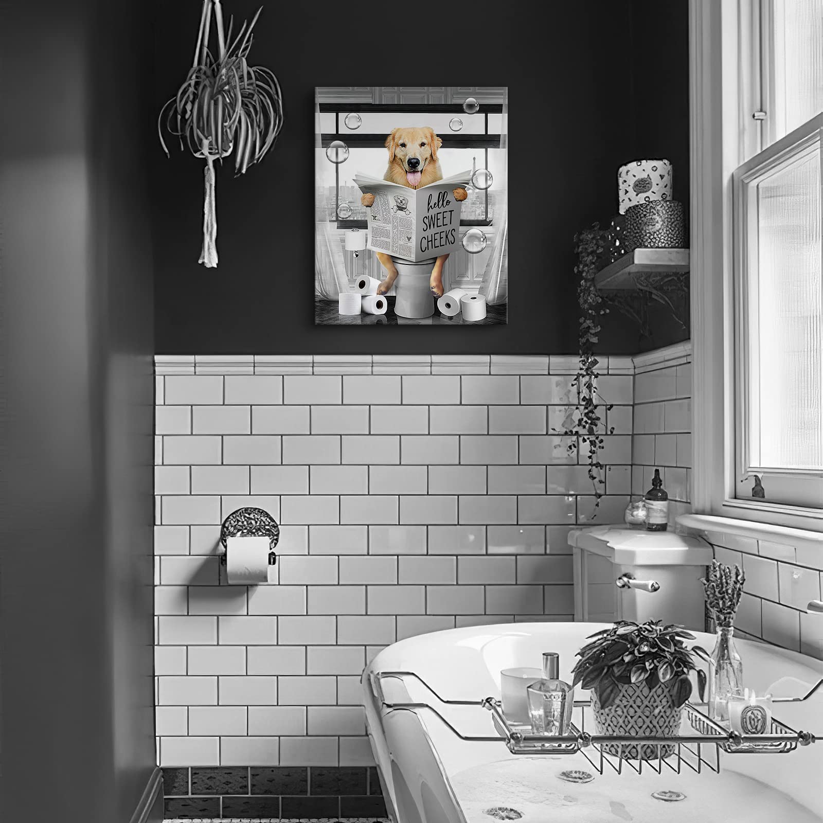 Funny Golden Retriever Wall Art Black And White Dog Bathroom Print Farmhouse Bathroom Animals Wall Decor Dog Sitting In Toilet R