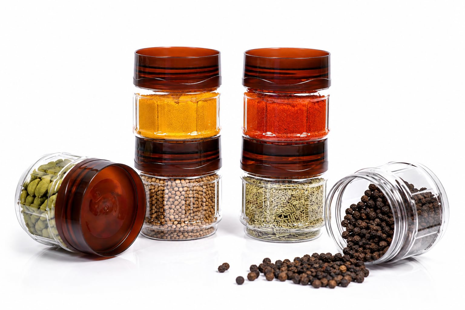 Vristo 100 Ml Small Plastic Spice Container Set Of 6 With Brown Lid, Airtight Transparent Mini Fridge Storage Containers, Small 