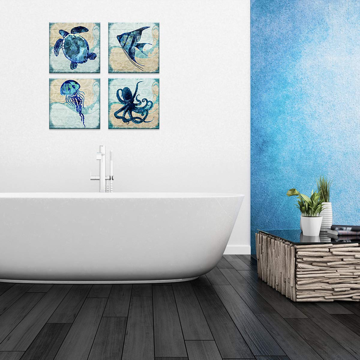 Navy Blue Beach Themed Fish Sea Turtle Jellyfish Octopus Wall Art Bathroom Decor Ocean Nursery Picture Canvas Kids Boho Under Th