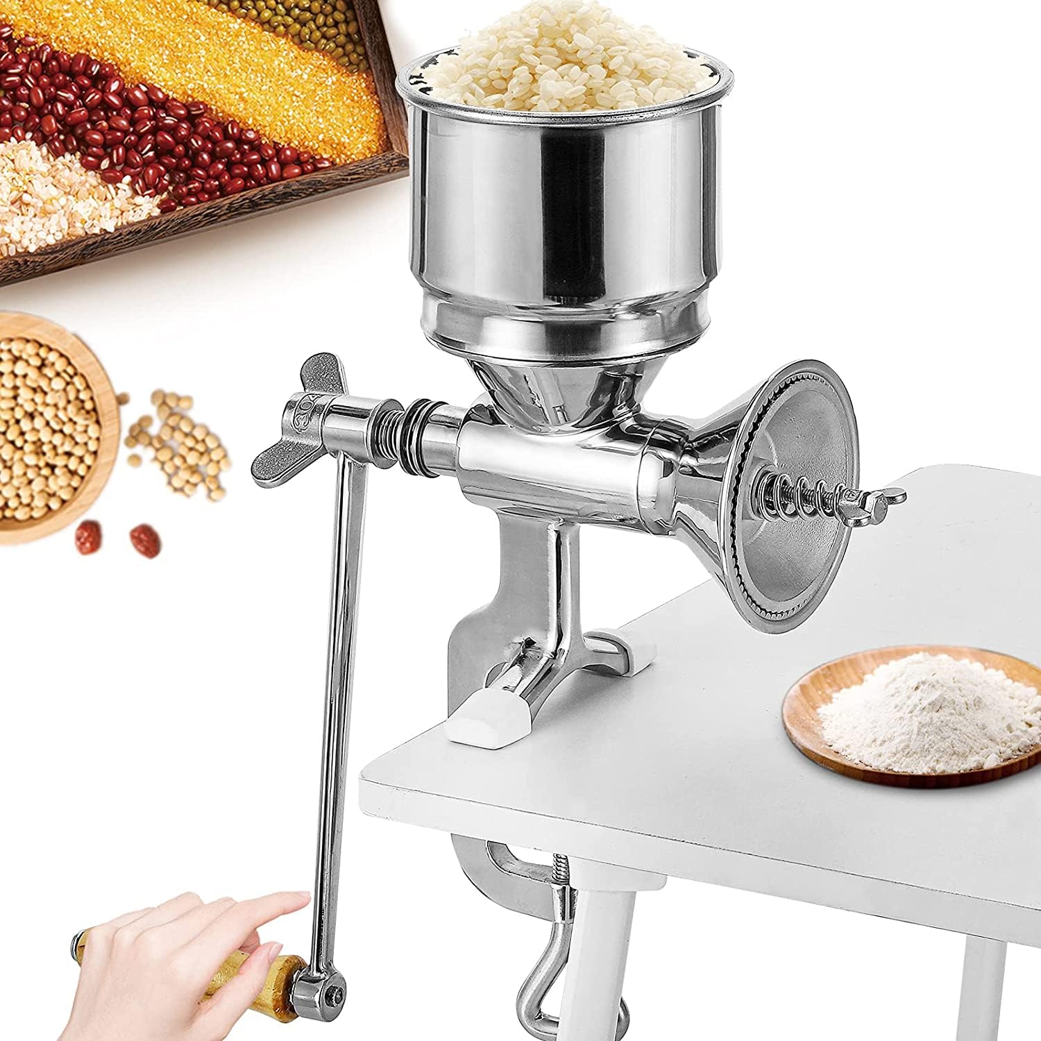 Moongiantgo Hand Grain Mill Manual Coffee Grinder Coarseness Adjustable Stainless Steel Hand Crank Grinding Tool With Table Clam