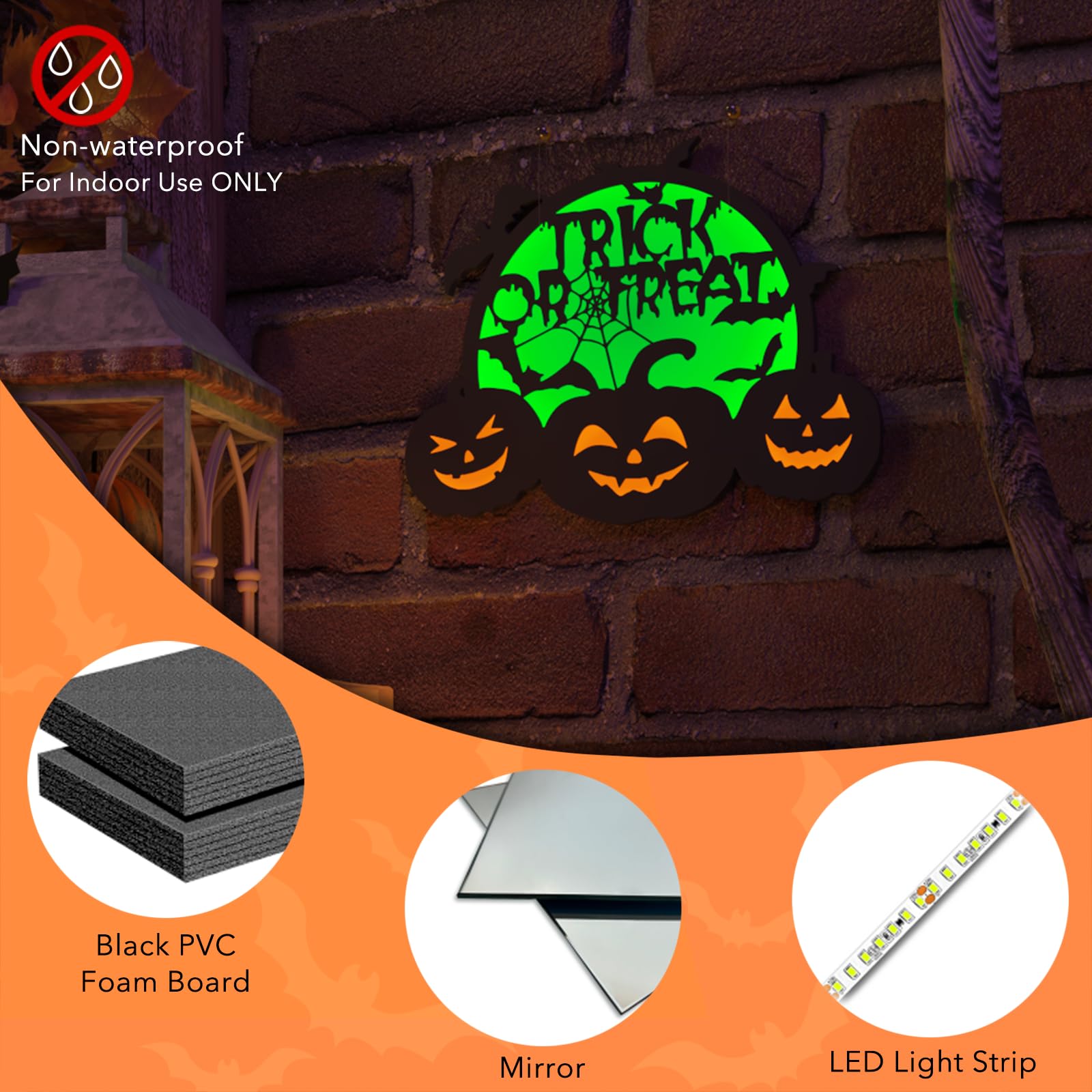 Halloween Pumpkin Lights, LED Connected Jack O Lantern With Light Up Green Moon, Bat Spider Web & Trick or Treat Wording, USB &