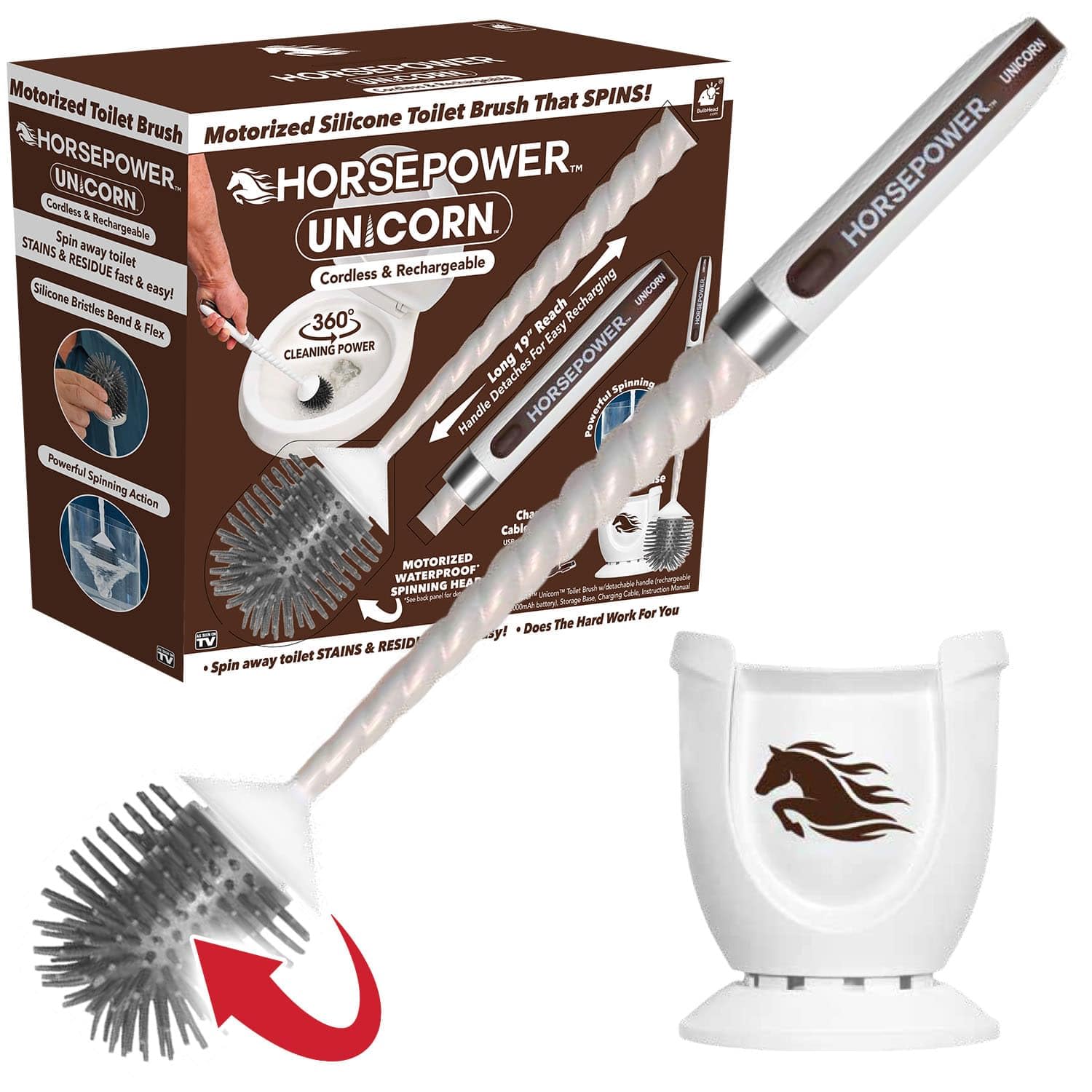 Horsepower Unicorn, AS SEEN ON TV, Motorized Toilet Brush, Powerful Spinning Action, 360 Degree Cleaning Power, Flexible Silicon