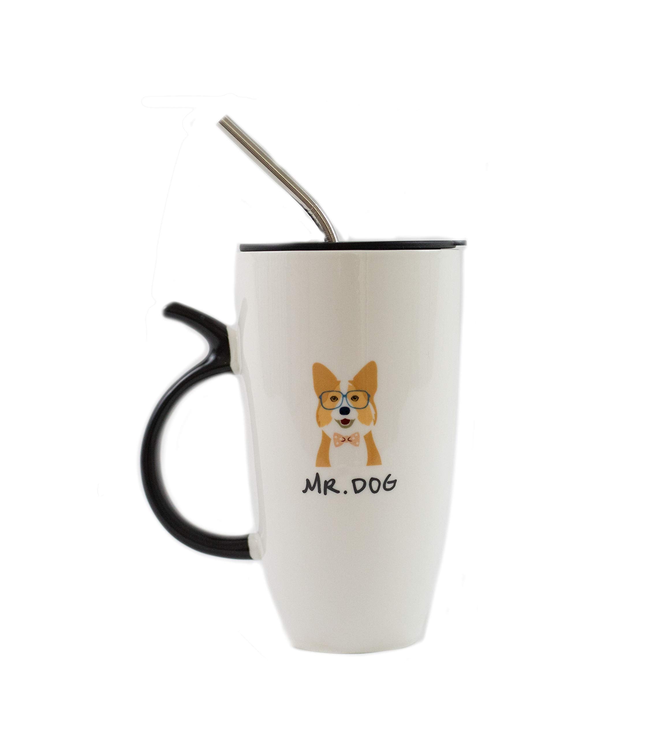 Nayothecorgi Corgi Mug Set W/Lid, Metal Straw & Spoon - Ceramic Mug - Best Friend Coffee Tumbler With Lid And Straw - Reusable C