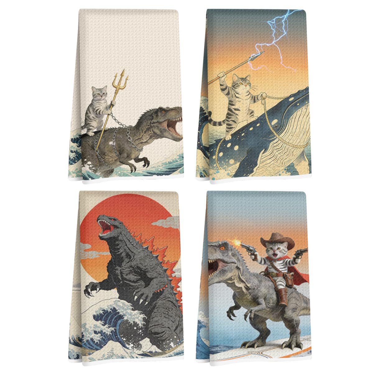 4 Pcs Funny Cat Kitchen Towels 24x14 Inch, Godzilla Japanese Cats Gifts Hand Towel, Microfiber Dish Cloths for Drying Dishes, Wa