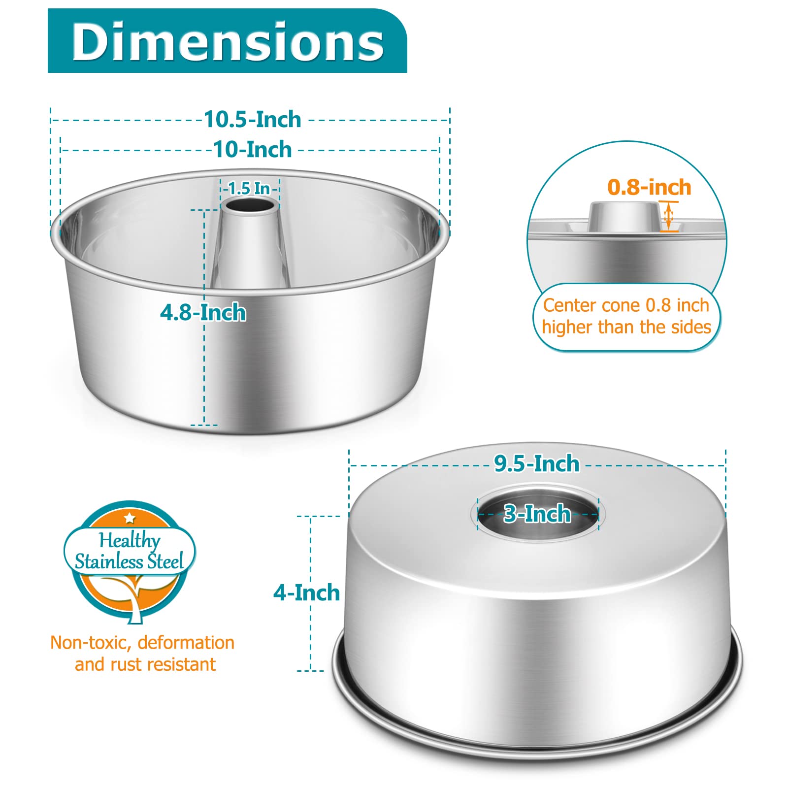 E-Far Angel Food Cake Pan, 10-Inch Stainless Steel Tube Pan For Baking Pound Chiffon Cake, One-Piece Design & Non-Toxic, Dishwas