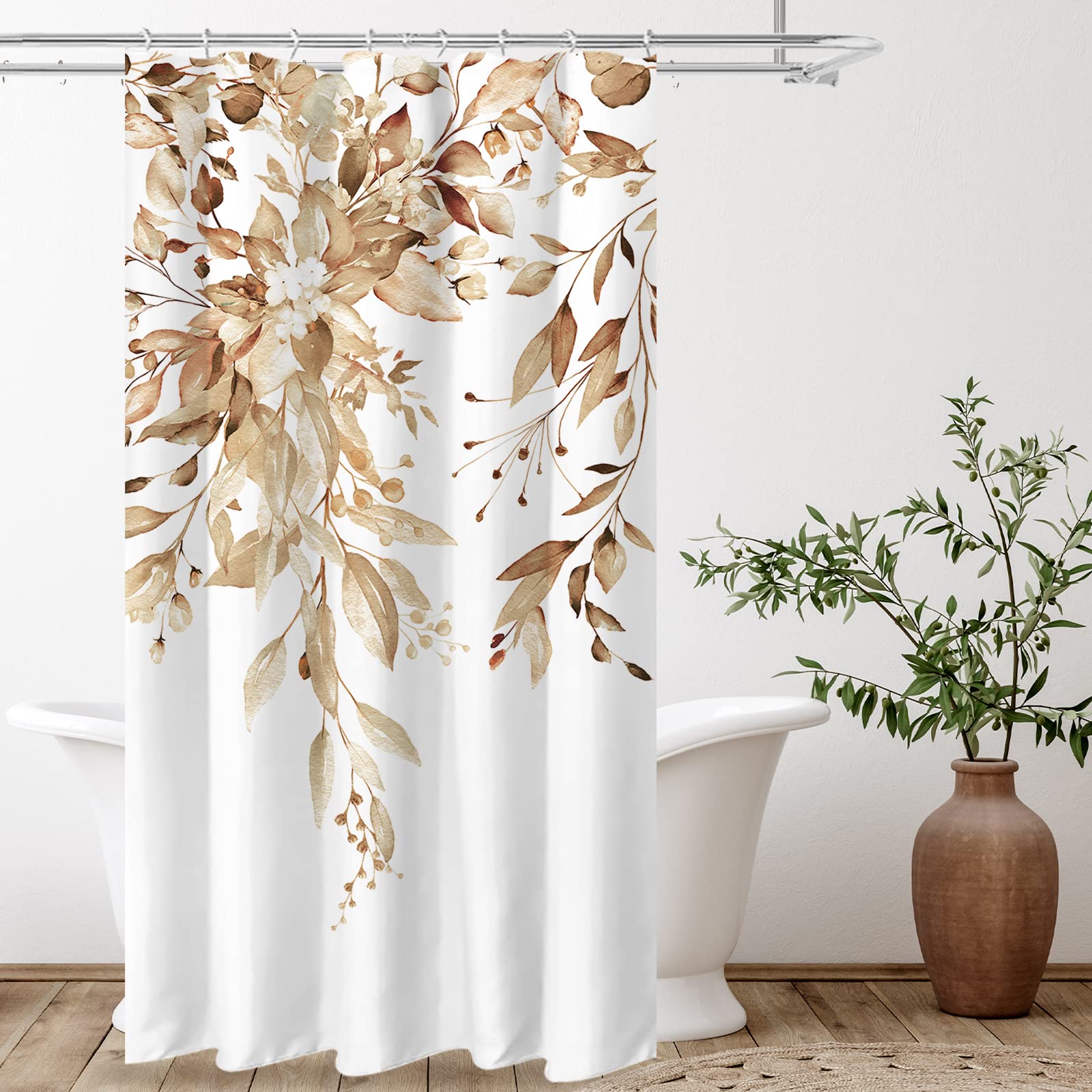 Tititex Tan Eucalyptus Shower Curtain Sets, Watercolor Light Brown Leaves On The Top Plant With Floral Bathroom Decoration 36X72
