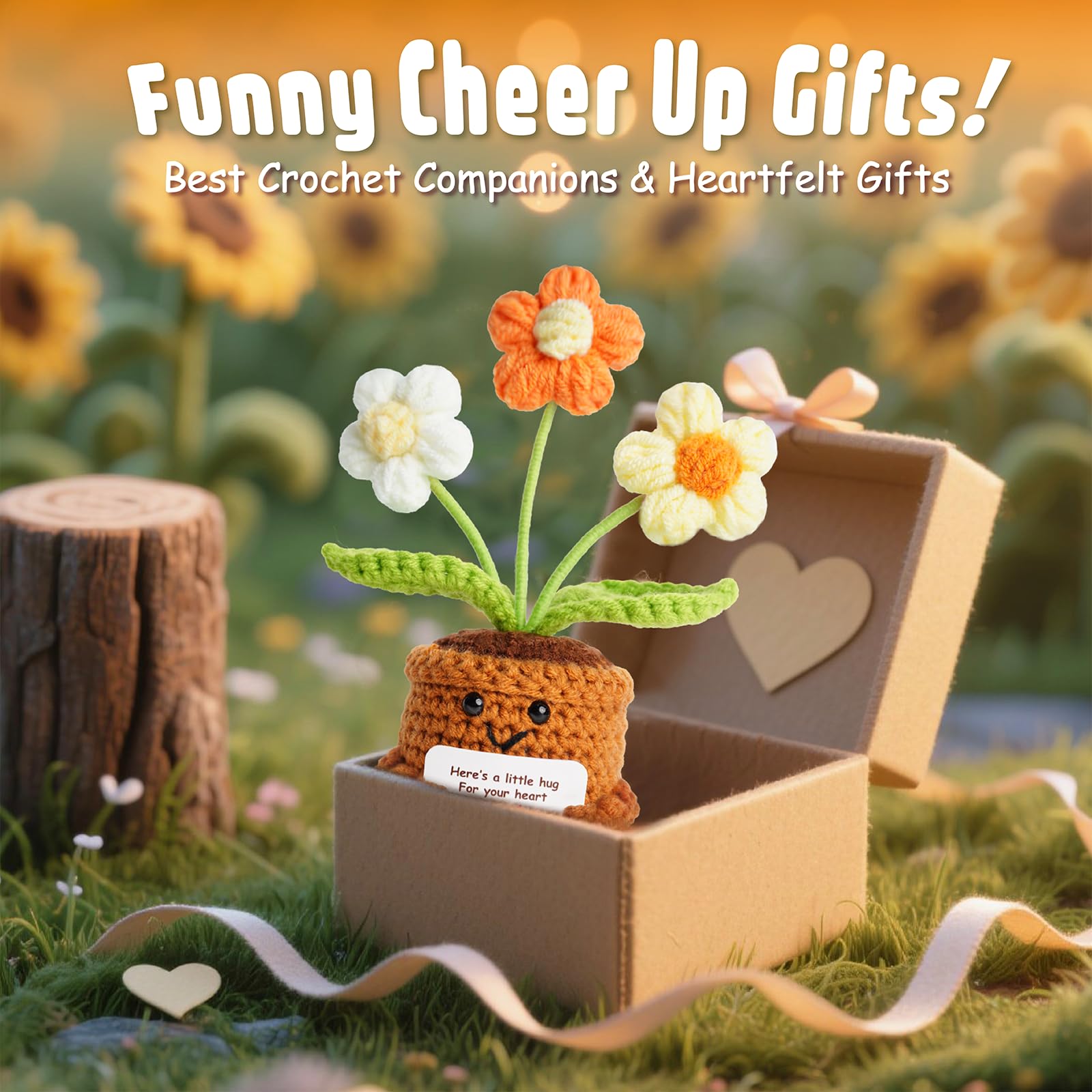 penzoos Emotional Support Plant - Handmade Crochet Daisy, Medium, Yarn, Orange & White, Stress Relief Gift for Friends and Family