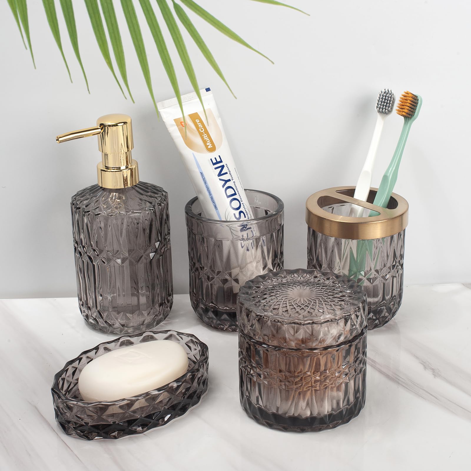 Ivailex 5Pcs Grey Glass Bathroom Accessories Sets Of Lotion Dispenser, Soap Dish, Toothbrush Holder, Tumbler, Cotton Swab Jars,