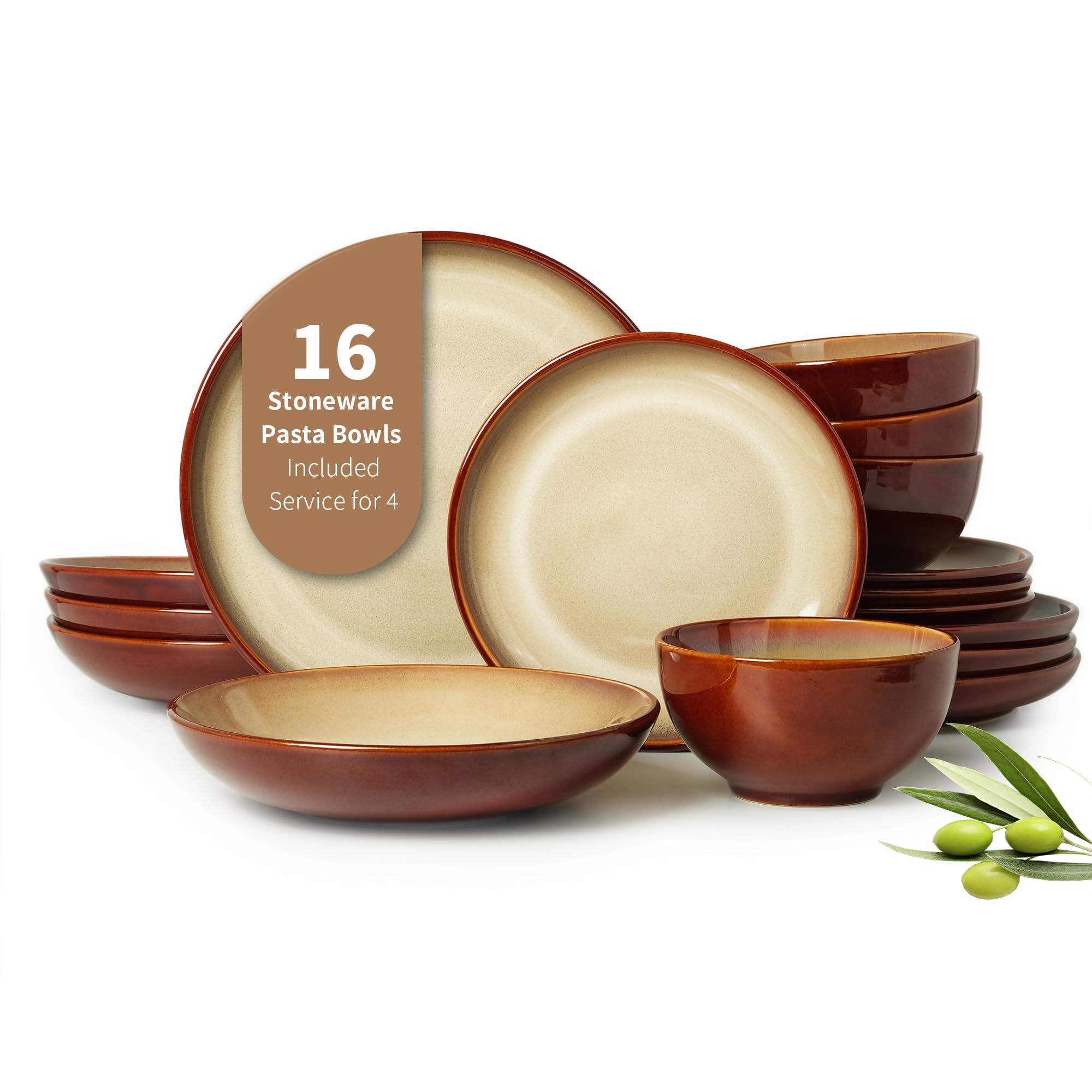 Pokini 16 Piece Double Bowl Plates and Bowls Sets, Ceramic Dinnerware Sets with Pasta Bowls, Dishwasher & Microwave Safe Dish Se