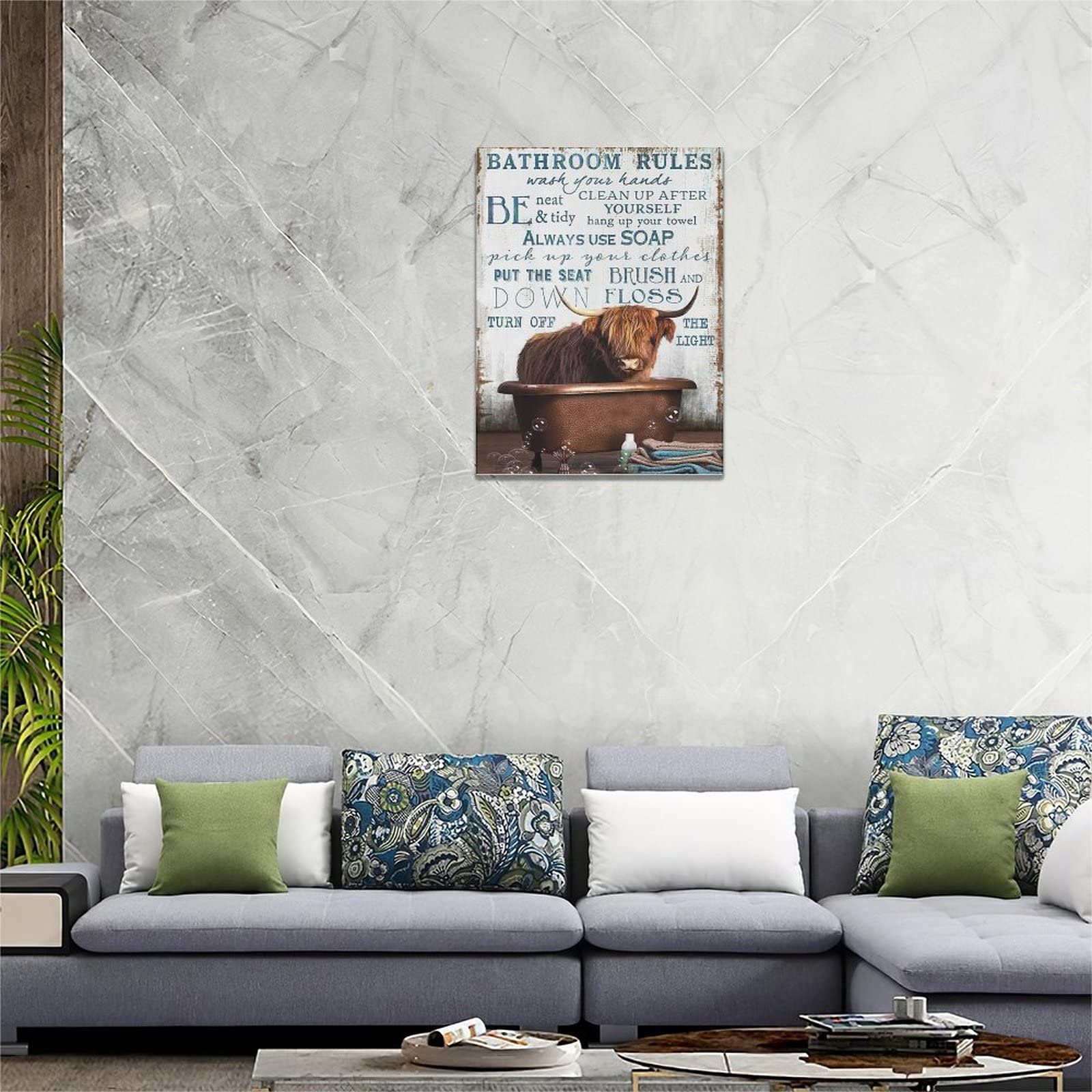 Citari Cow Wall Art Farmhouse Highland Cow Bathroom Rules Pictures Bathroom Signs Rustic Canvas Painting Funny Cow Framed Artwor