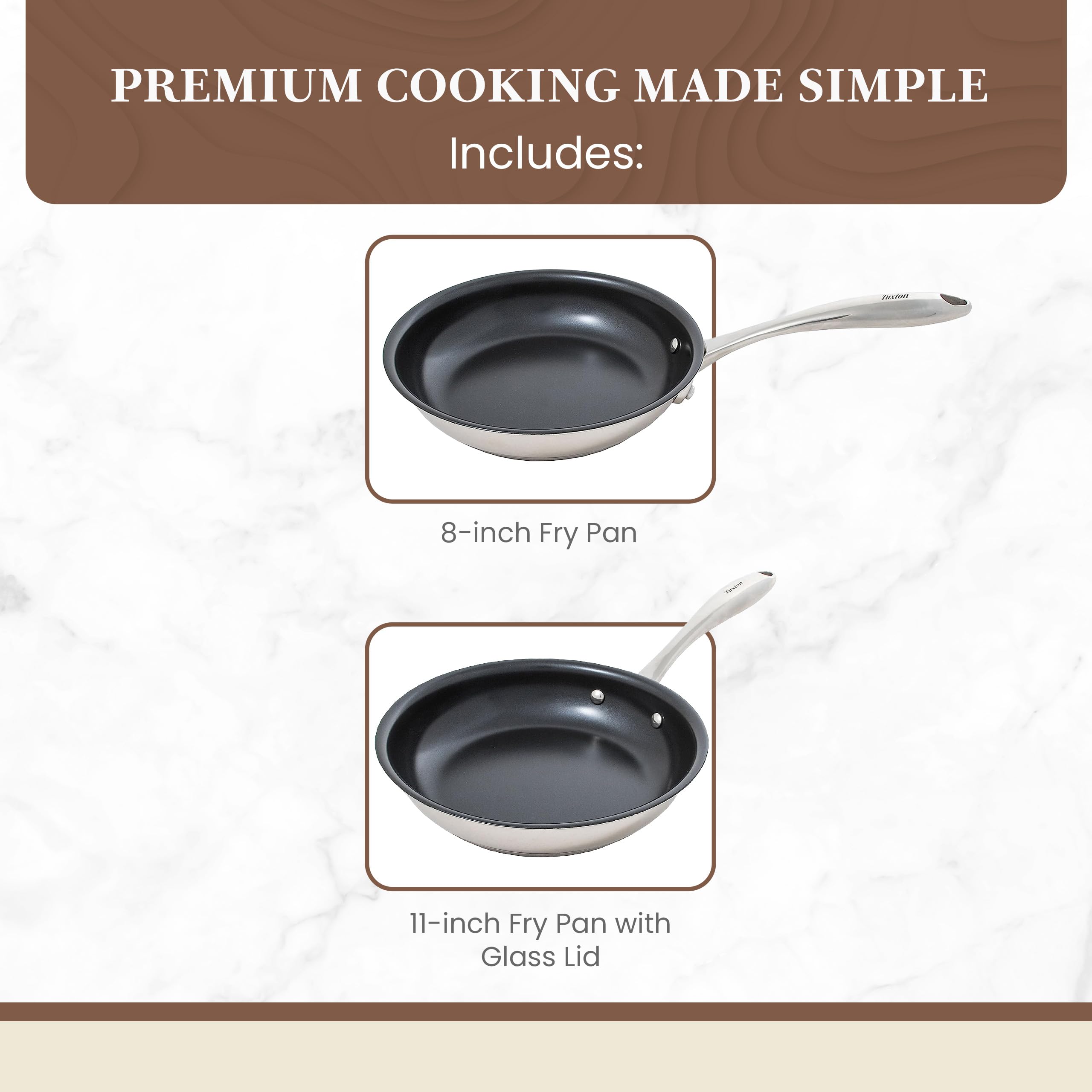 Non Stick Frying Pans - Tuxton Home Concentrix 2-Piece Stainless Steel Pan Set - Stove & Oven Compatible 8-Inch & 11-Inch Cerami