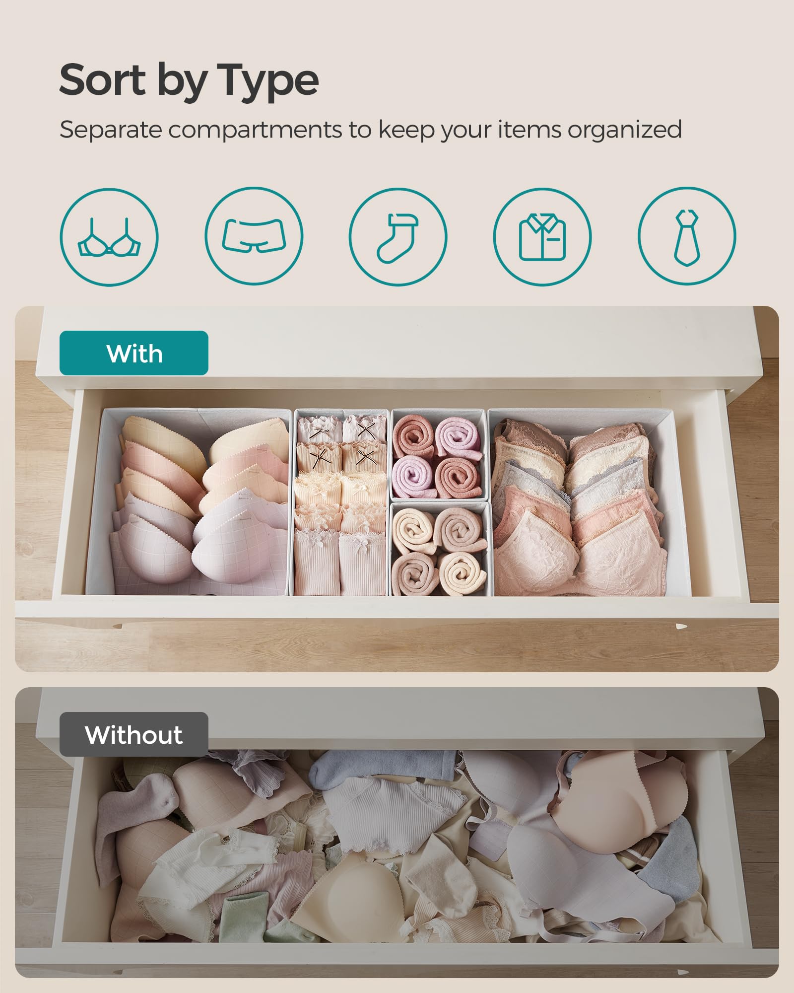 SONGMICS Drawer Organizer,Dresser Drawer Organizers, Set of 12, Foldable Fabric Storage Bins for Socks, Underwear, Bras, Ties, S