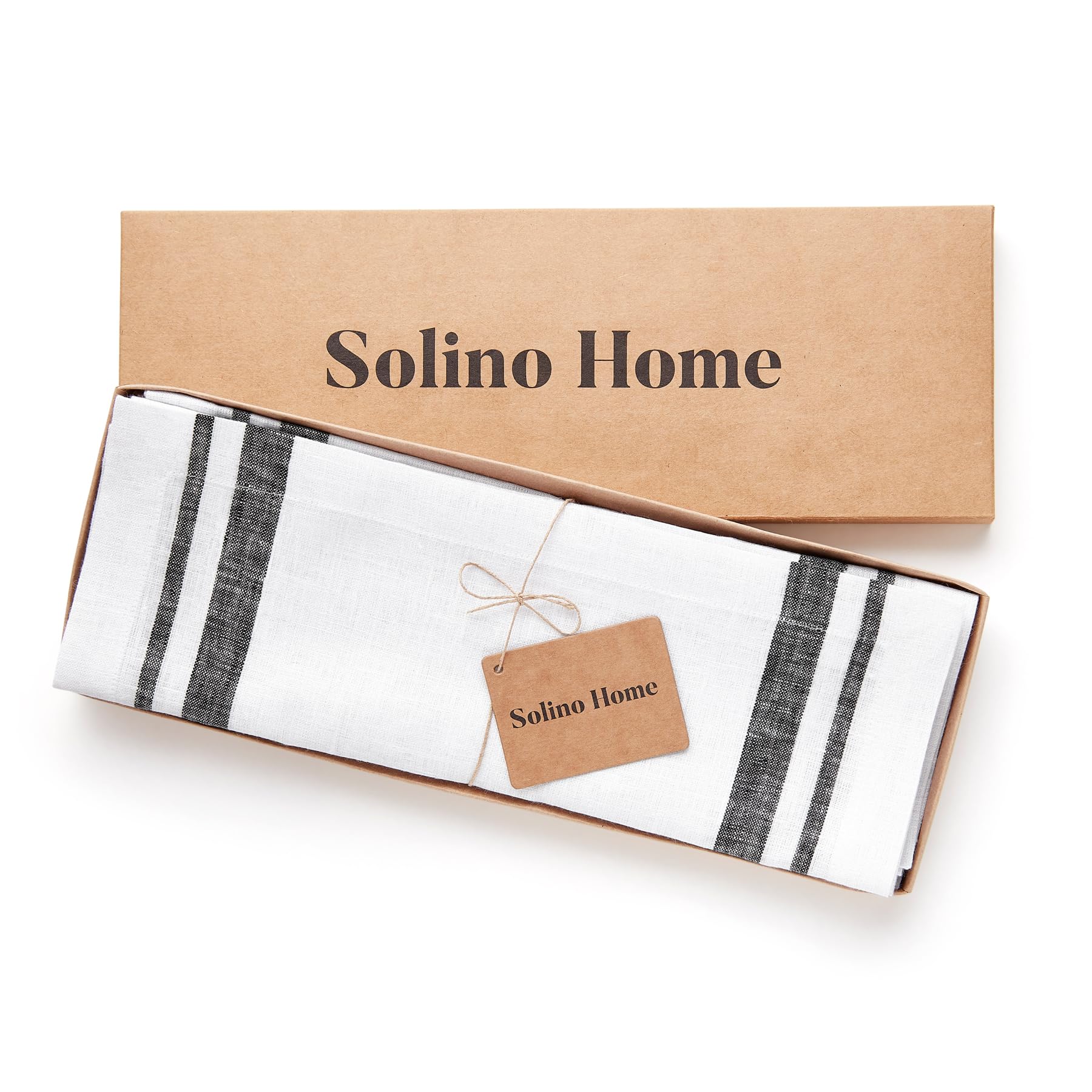 Solino Home Stripe Linen Placemats 19'' L X 14'' W - 100% Pure Linen Black And White Cloth Placemats Set Of 6 - French Stripe, W