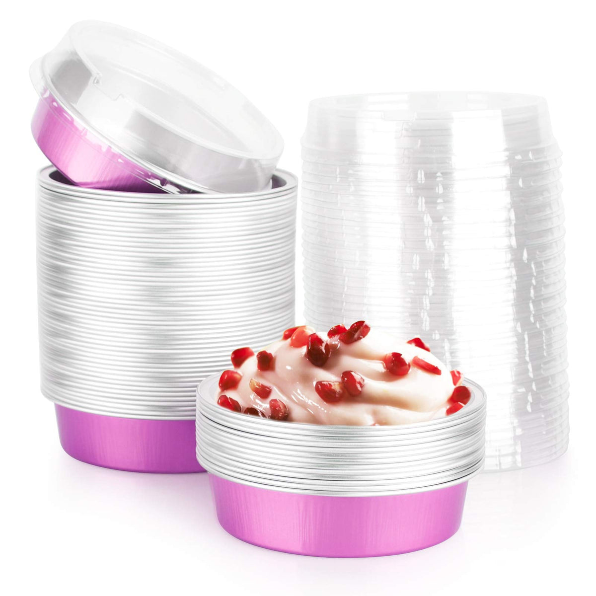 Beasea Mini Pie Pans With Lids, 4 Inch 50 Pack Disposable Mini Pie Tins Tart Pans, 8 Oz Pink Aluminum Pie Pan Tin Tart Pans Roun