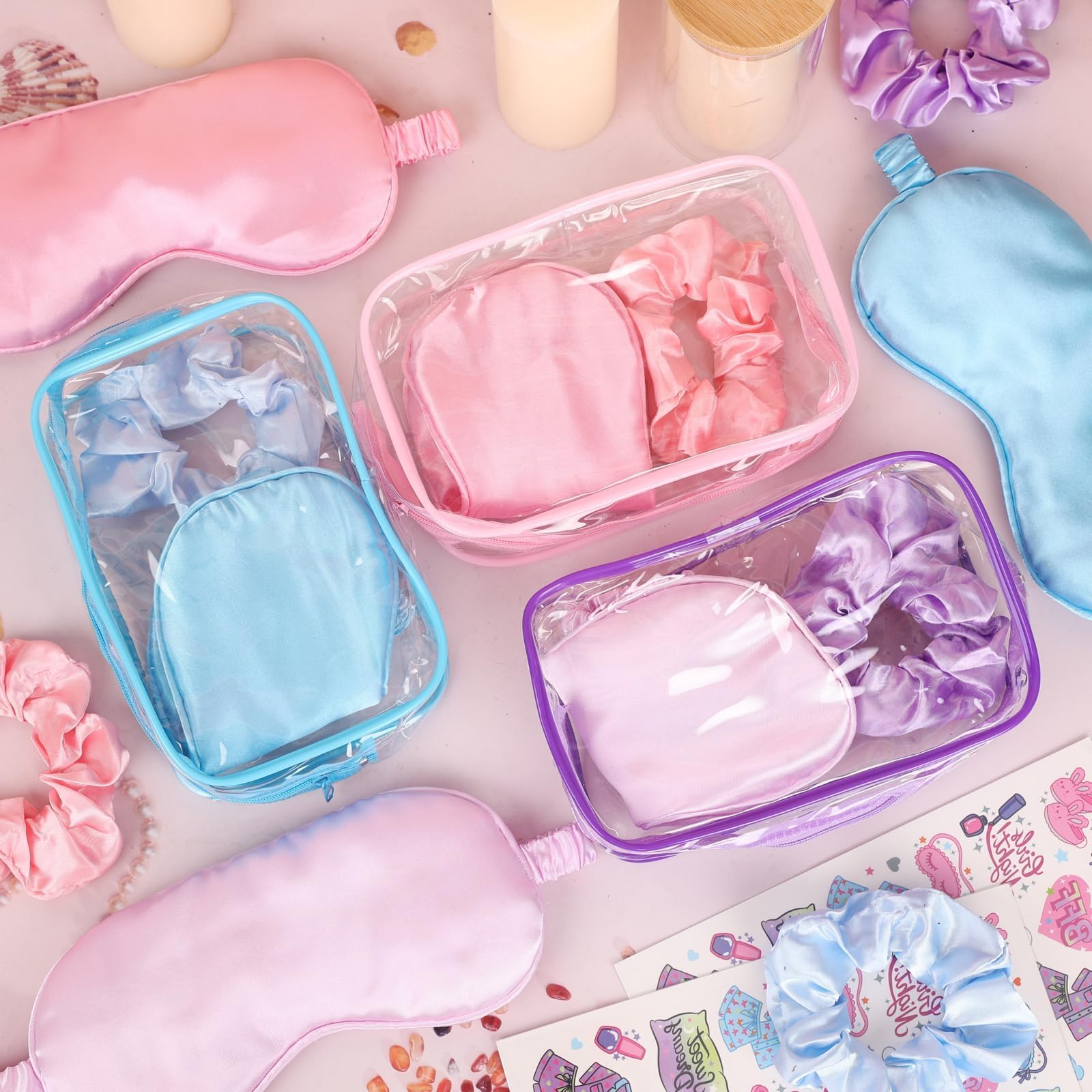YLOLUL 24 Pcs Spa Sleepover Party Supplies for Girls Makeup Party Favor with Hair Scrunchies Clear Cosmetic Bags Eye Masks Sleep