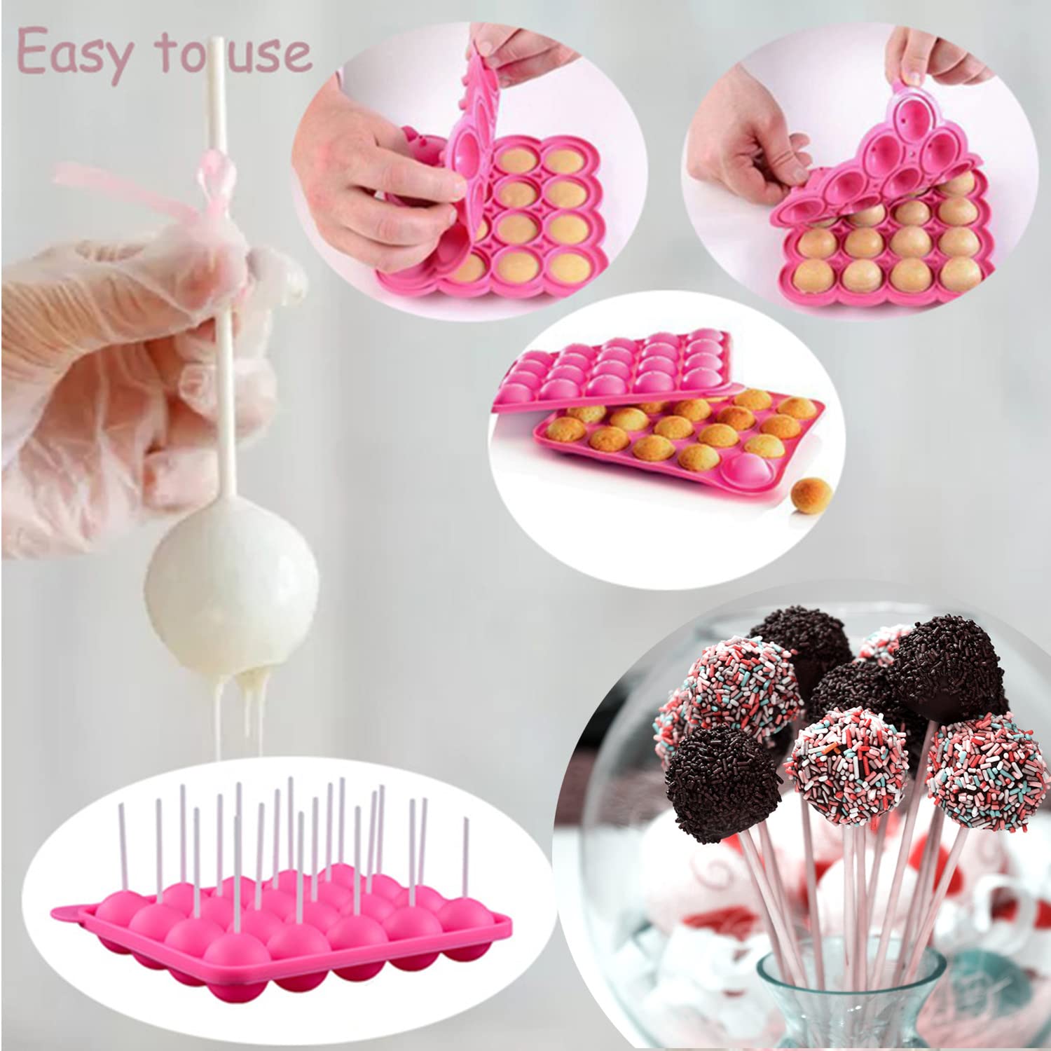 Mold - Silicone Cake Pop Kit With Measuring Cup Decorating Pen With 4 Piping Tips 100 Pcs Lollipop Sticks 100 Pcs Treat Bags 800