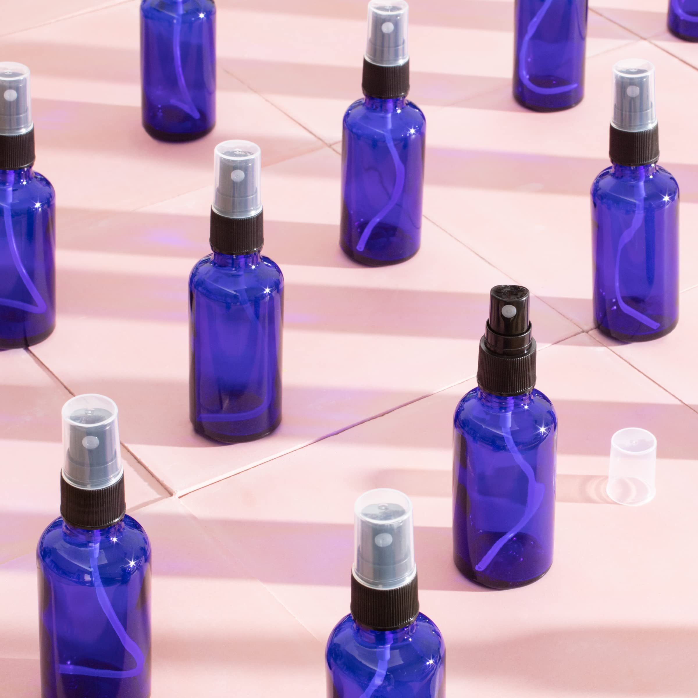 Youngever 16 Pack Empty Blue Glass Spray Bottles, 2 Ounce Refillable Container For Essential Oils, Cleaning Products, Or Aromath