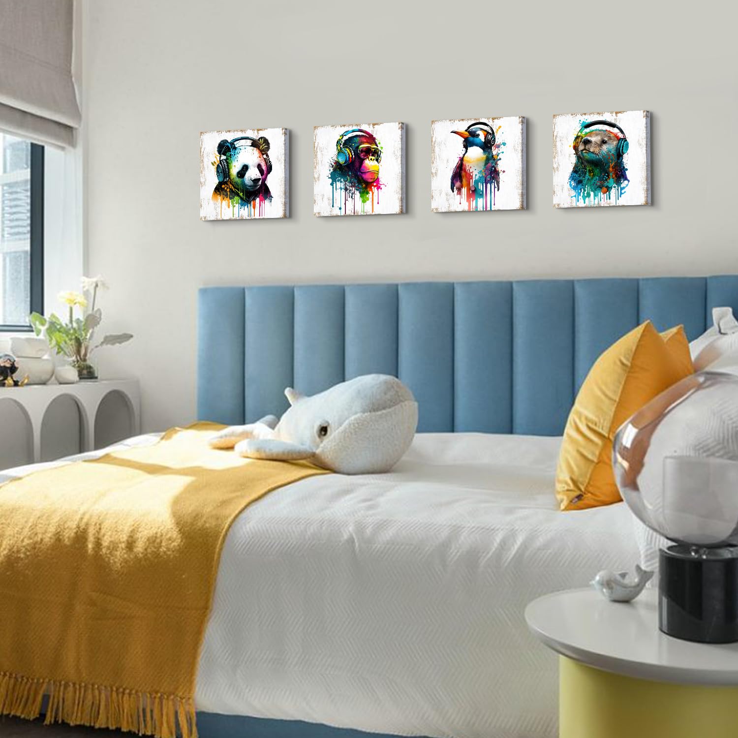 Colorful Animal Wall Art Funny Cute Bear Monkey With Headphone Canvas Prints Pictures Nursery Room Decor Cartoon Penguin Panda P