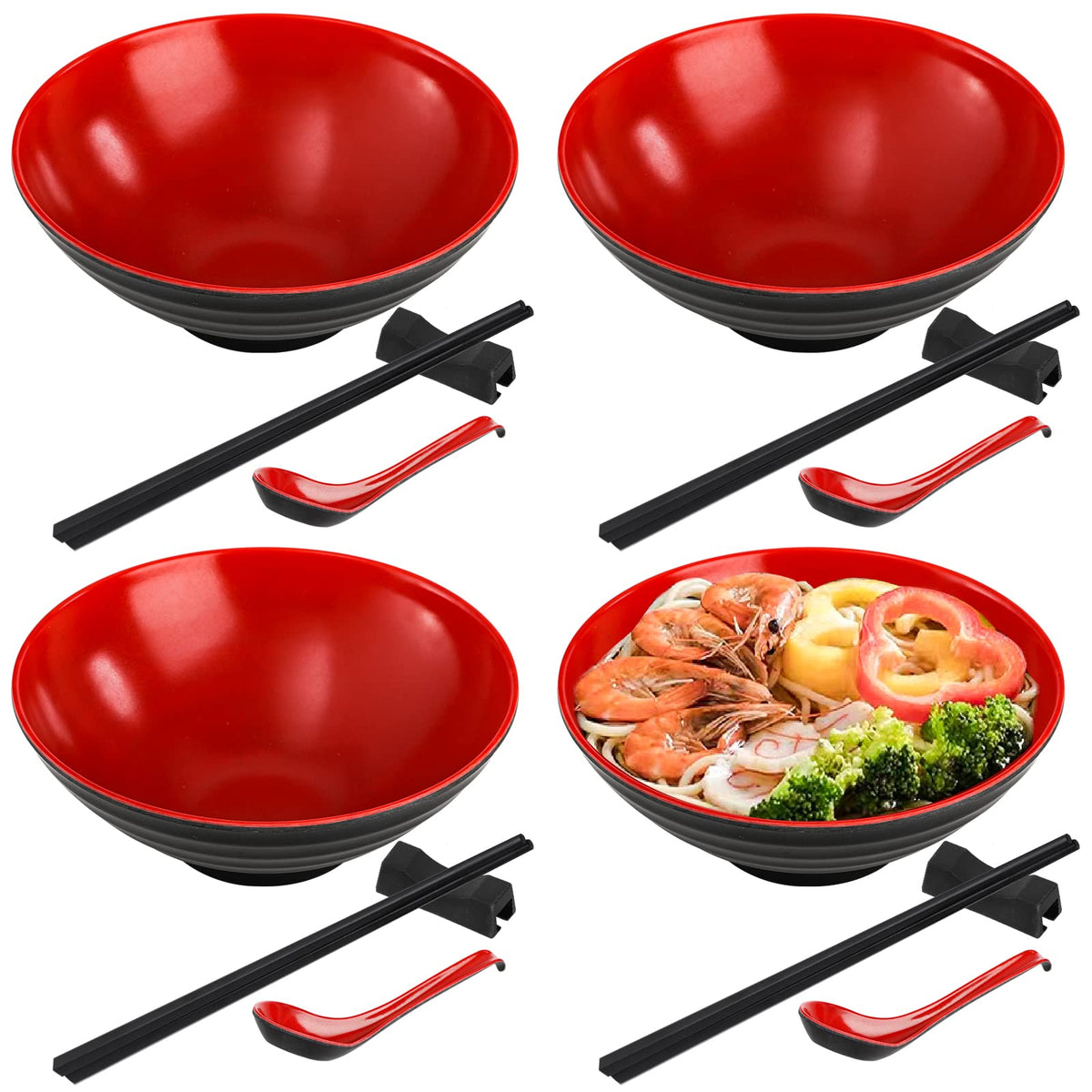 Lyellfe 16 Pieces Ramen Bowl Set, Restaurant Quality Soup Bowl, 33 Oz Melamine Dinnerware With Spoons, Chopsticks And Stands For