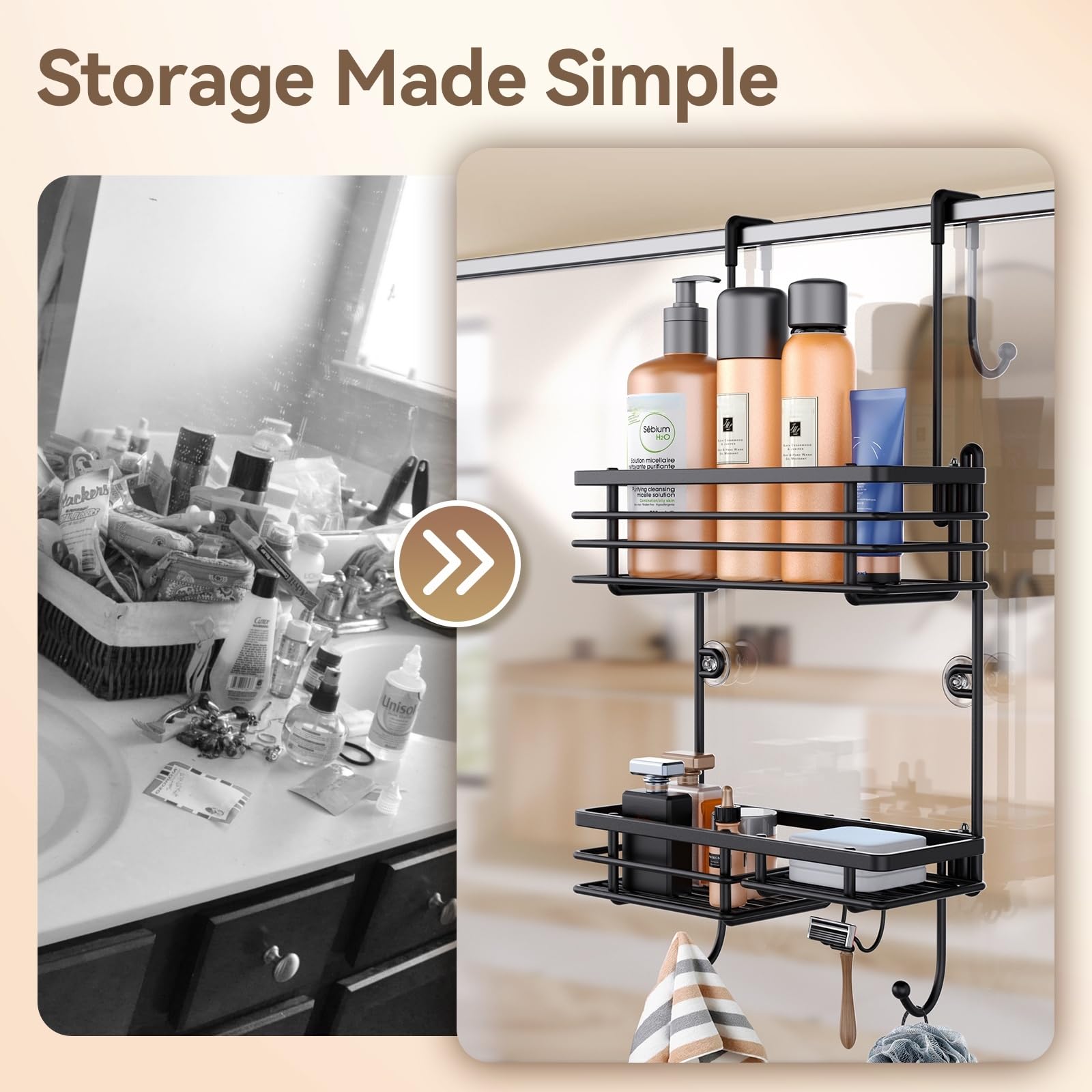 Gaseawolf Shower Caddy Over Door - 2-Tier Organizer Rack, Stainless Steel, Black, No Drilling, Holds Body Wash, Shampoo, Razor, Towel