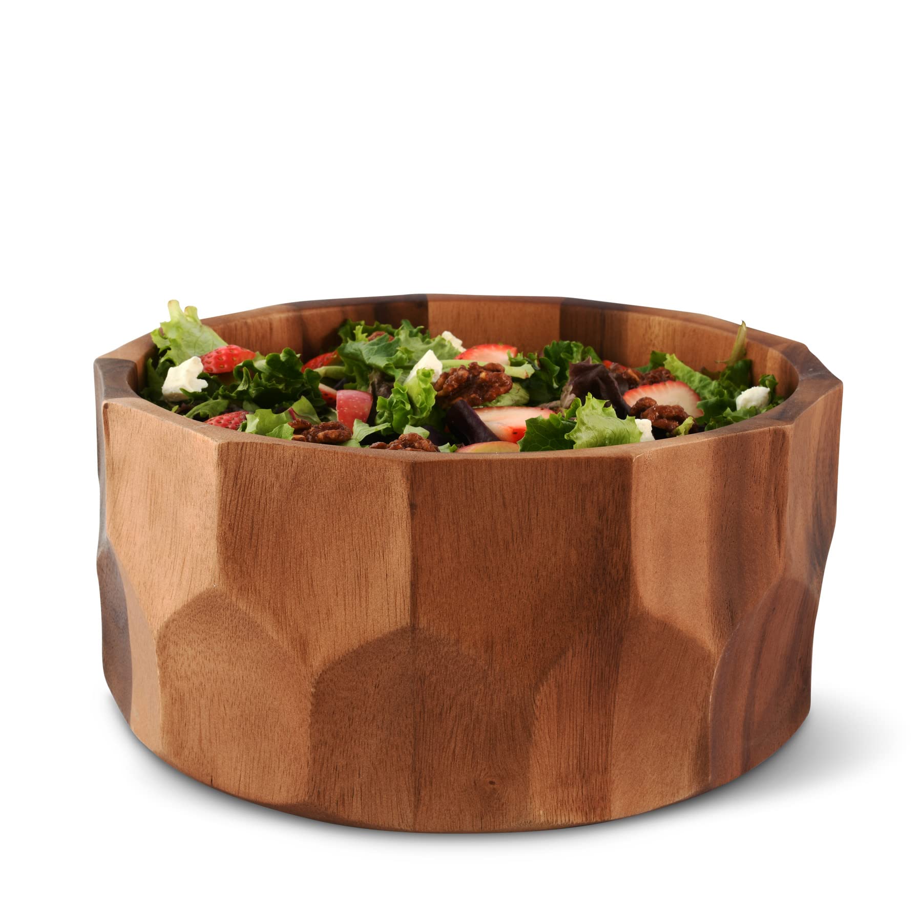 Arthur Court Acaica Wood Salad Serving Bowl For Fruits Or Salads - Curved Faced Diamonds Sides Modern Centerpiece Bowl 12 Inch D