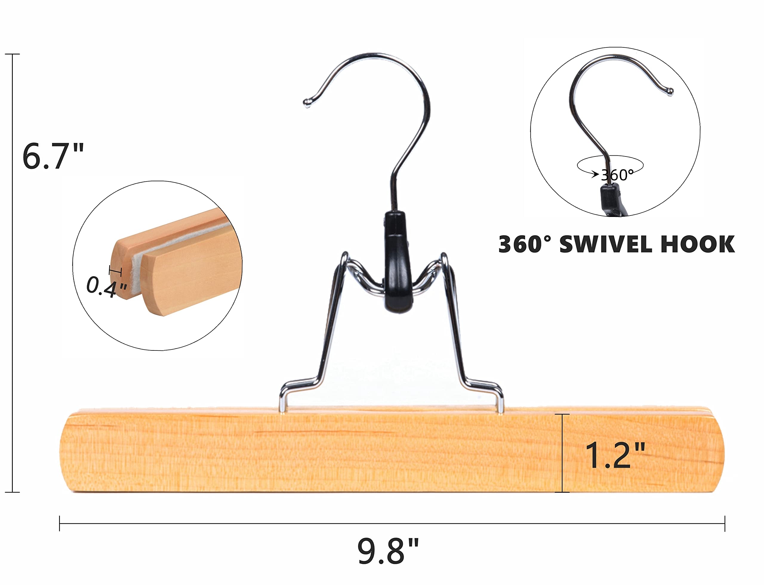 Amber Home 10 Pack Natural Wooden Pants Hangers, Wood Clamp Hangers With Non Slip Padded Velvet, Jeans/Slacks Hangers Hair Exten