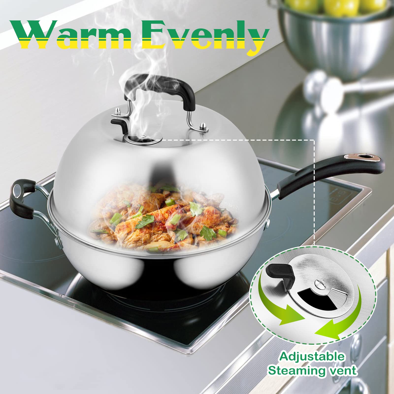 12In Cheese Melting Dome, Hasteel Heavy Duty Basting Cover With Adjustable Vent, Stainless Steel Round Steaming Cover Lid For Fl