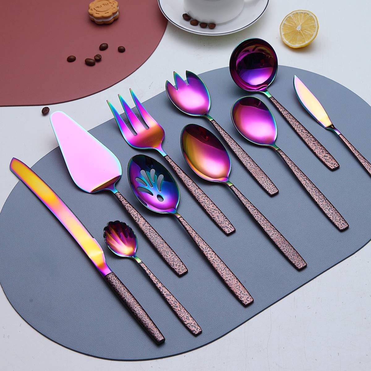 Berglander Silverware Serving Set 10 Pieces With Moon Surface Handle And Shiny Rainbow Mouth Titanium Plating, Stainless Steel M