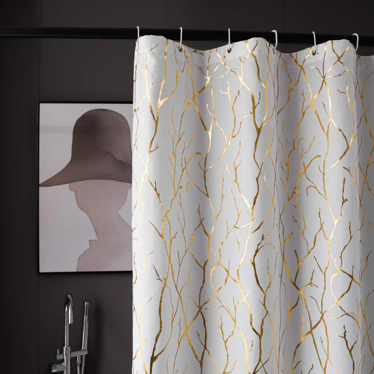 Finecity White Shower Curtain With Gold Branch Pattern 12 Hooks Included, 72 X 72 Inch, 1 Panel