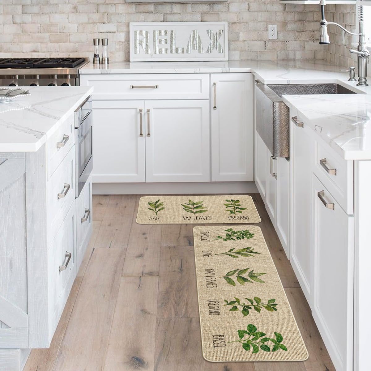 Artoid Mode Parsley Sage Oregano Basil Bay Leaves Decorative Kitchen Mats Set Of 2, Seasonal Holiday Party Low-Profile Floor Mat