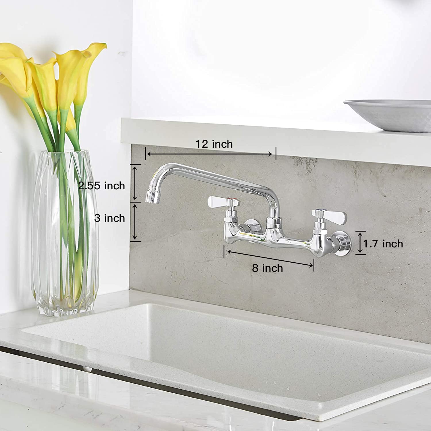 Bathfinesse Commercial Kitchen Faucet, Wall Mount, 12-Inch Swivel Spout, Dual Handle, Chrome Mixer Tap, Heavy Duty Brass Constru