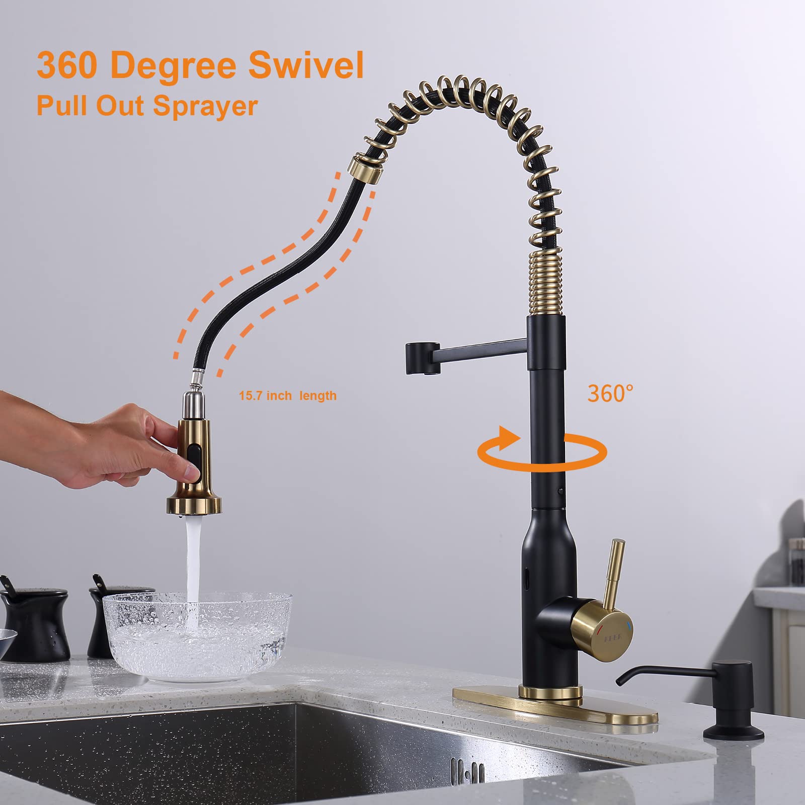 Touchless Kitchen Faucet , Keer Smart Motion Sensor Hands Free Single Handle Spring Kitchen Sink Faucet With Pull Down Sprayer,M
