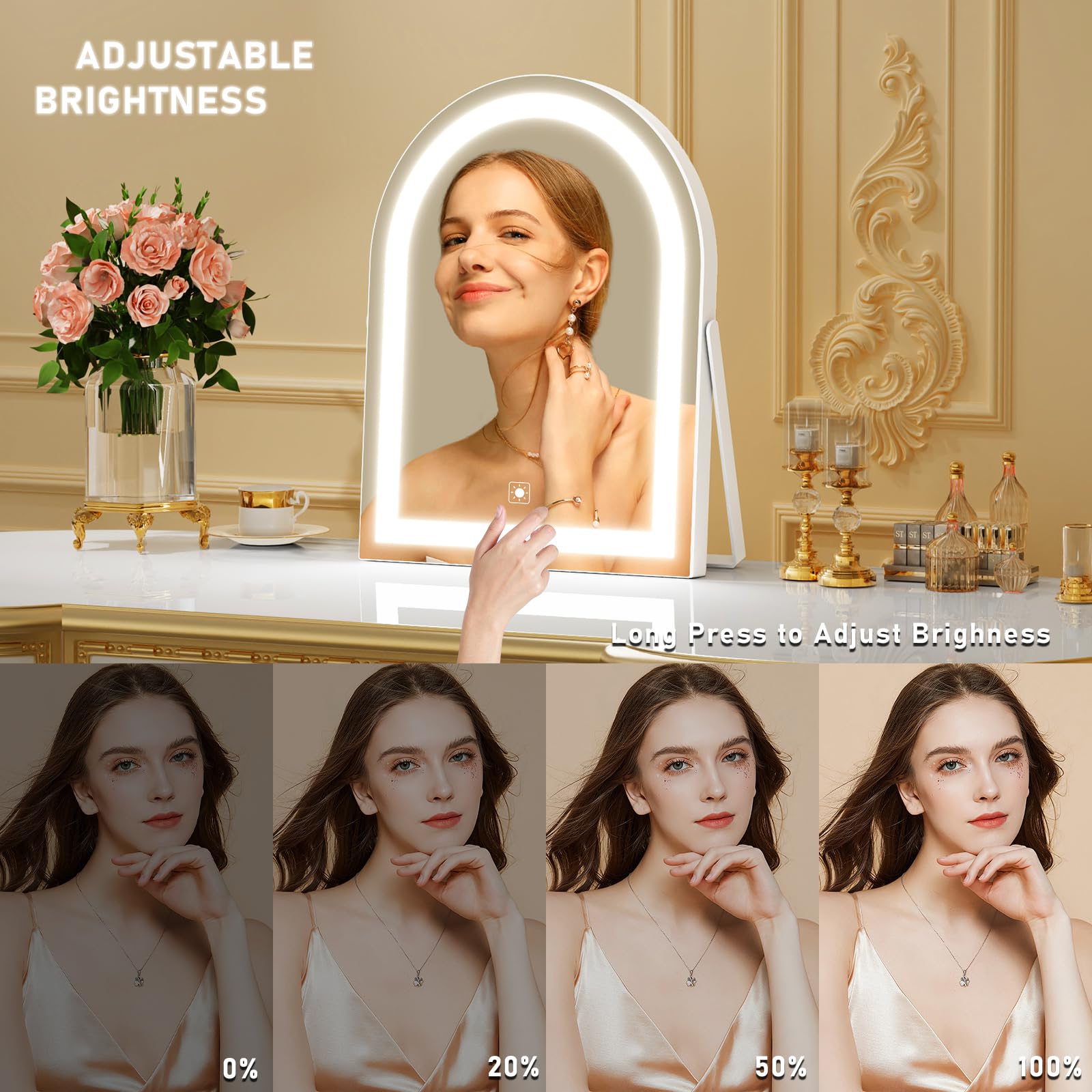 Gvnkvn Vanity Mirror with Lights, 16 Light Up Makeup Mirror, LED Makeup Mirror with Lights for Bedroom Tabletop, Smart Touch Con