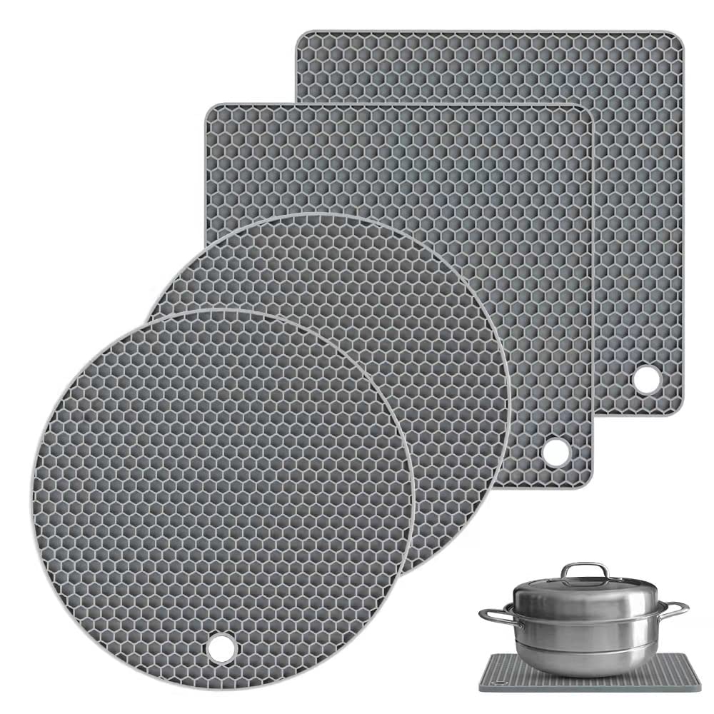Gaiamat Silicone Trivet Mats, 4 Pack 2 Shape(2 Squared+2 Round) Heat Resistant Pot Holders Set, Silicone Table Mats Large Coaste