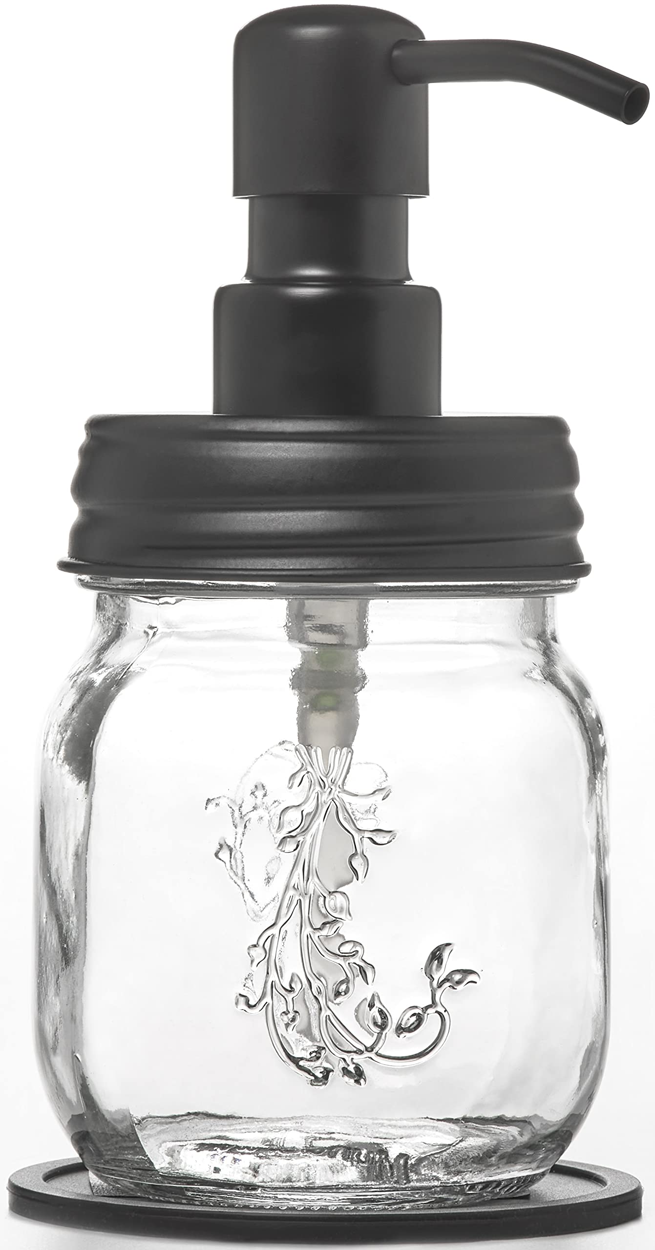 Petite 12Oz Mason Jar Soap And/Or Lotion Dispenser With Gloss Black Soap Dispenser Pump And Non Slip Coaster For Hand Sanitizer,