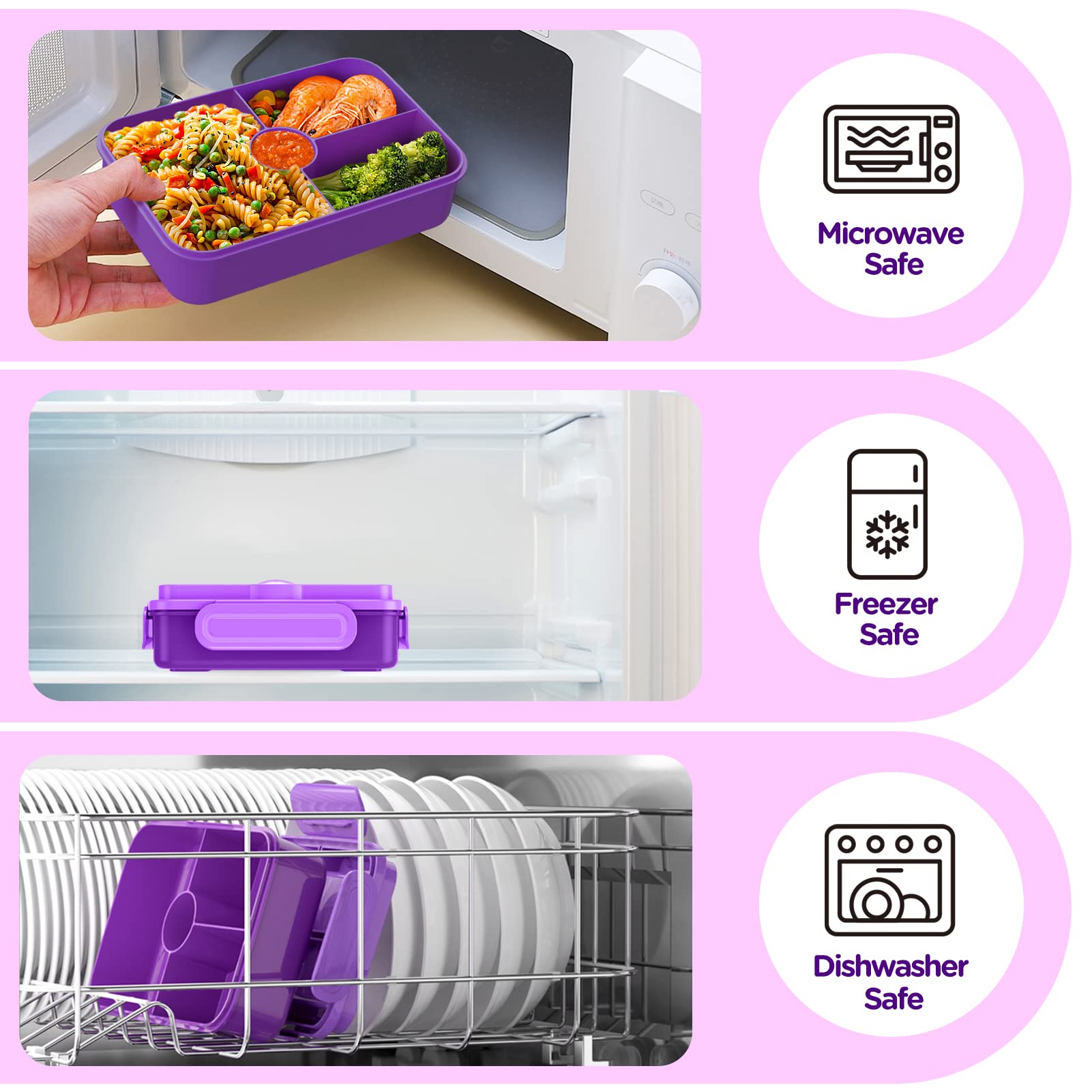 Jelife Lunch Box Kids Bento Box - Large Bento-Style Leakproof 4 Compartments Kids Lunchbox Food Containers with Utensils for Back to School  Reusable On-the-Go Meal and Snack Packing  Purple