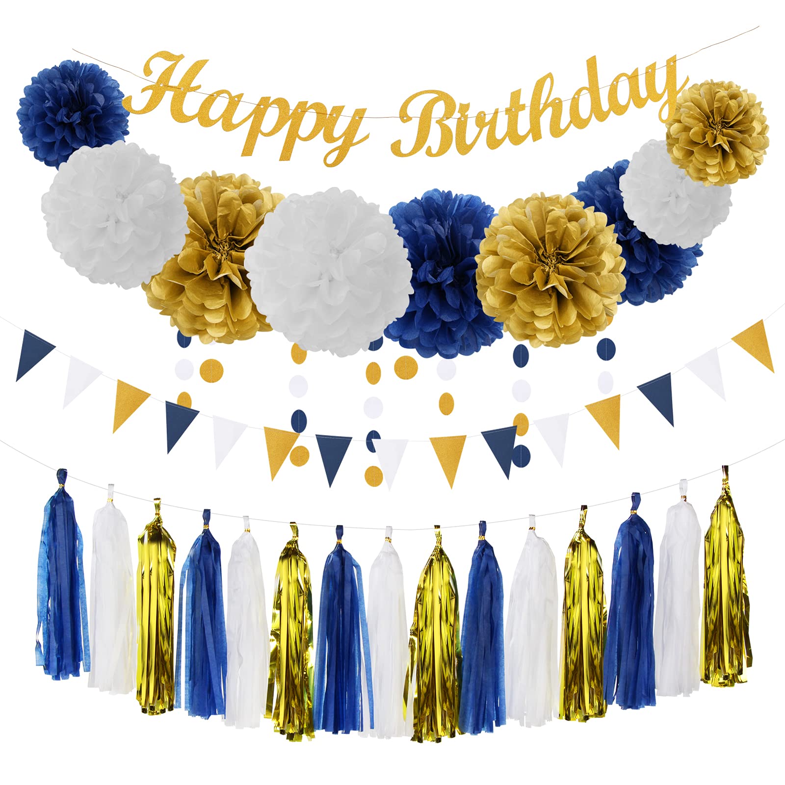 Navy-Blue Gold Men-Boys Birthday Decorations - 27Pcs Party Kits Happy Birthday Banner Flags,40Th 50Th Birthday Decor Tissue Pape