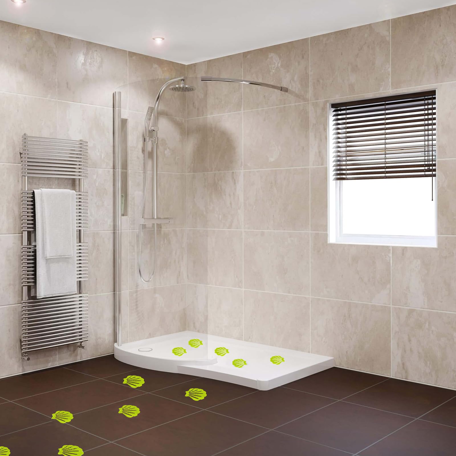 Coufce 12 Pcs Non Slip Bathtub Stickers Green Adhesive Decals Sea Shell Shape Shower Stickers For Floor, Ladders, Bath Tub, Stai