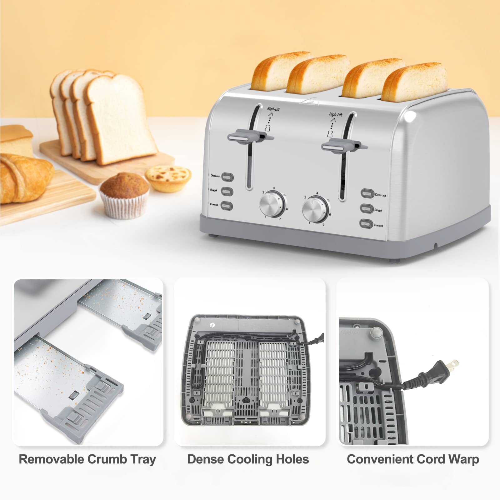 Toaster 4 Slice Retro Stainless Steel Toater with 7 Shade Settings Best Prime Toaster for Waffles  4 Slice Toaster with 3 Mode Bagels and More Lainsten Toaster T-527
