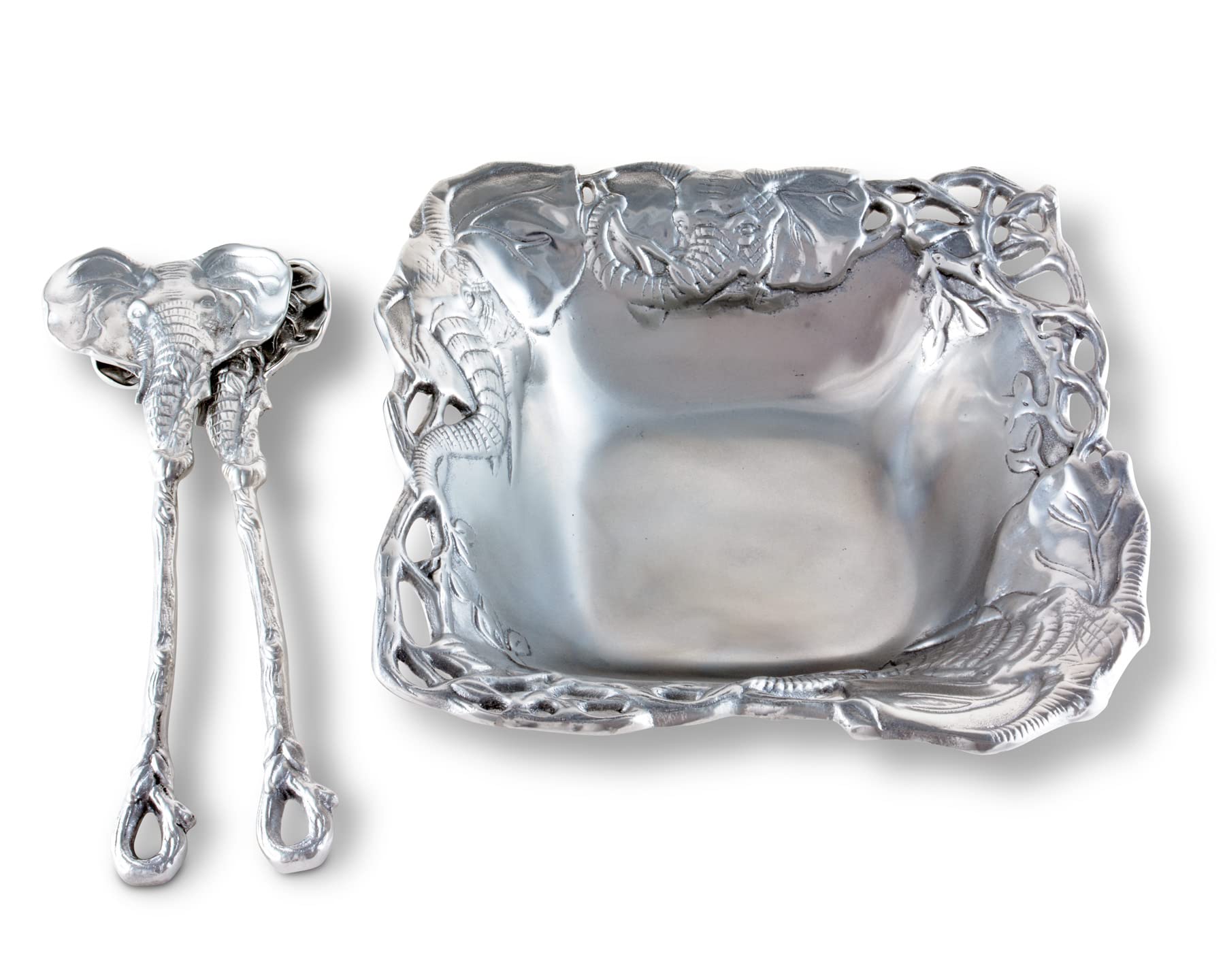 Arthur Court Designs Aluminum Metal Elephant Salad/Fruit Serving Bowl And Food Servers Set 3- Piece Servers And Bowl 9.75 Inch D