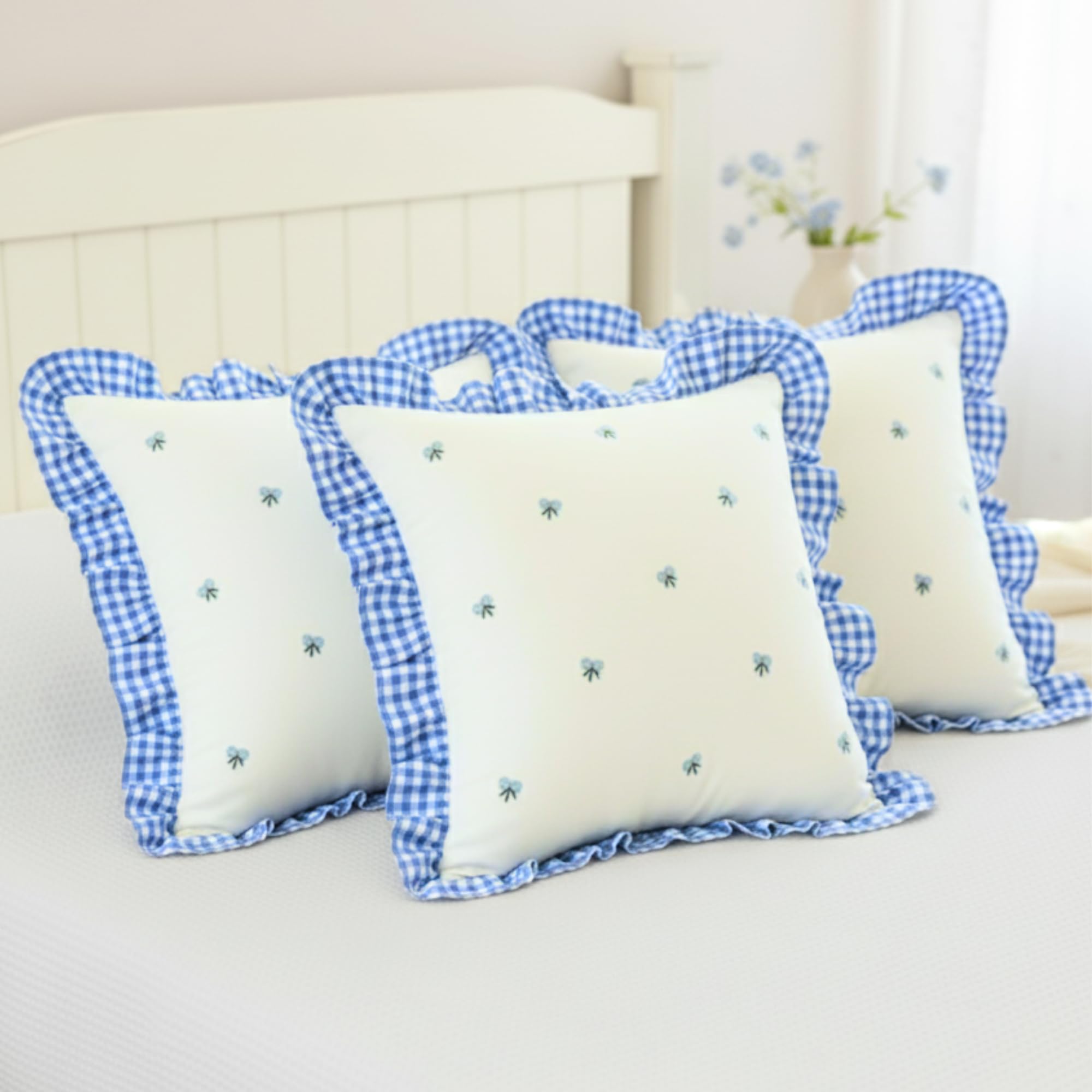 Sleepy Threads Cotton Cushion Cover Blue & White | Set Of 3 | Square Floral Embroidered With Ruffle Frill Edging Throw For Sofa,