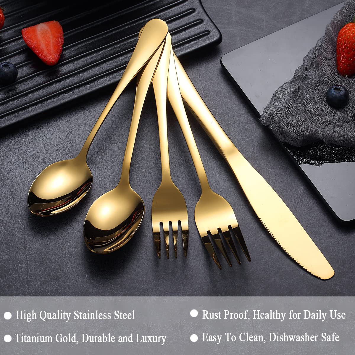 Berglander Flatware Set 20 Piece, Stainless Steel With Titanium Gold Plated, Golden Color Flatware Set, Silverware, Cutlery Set