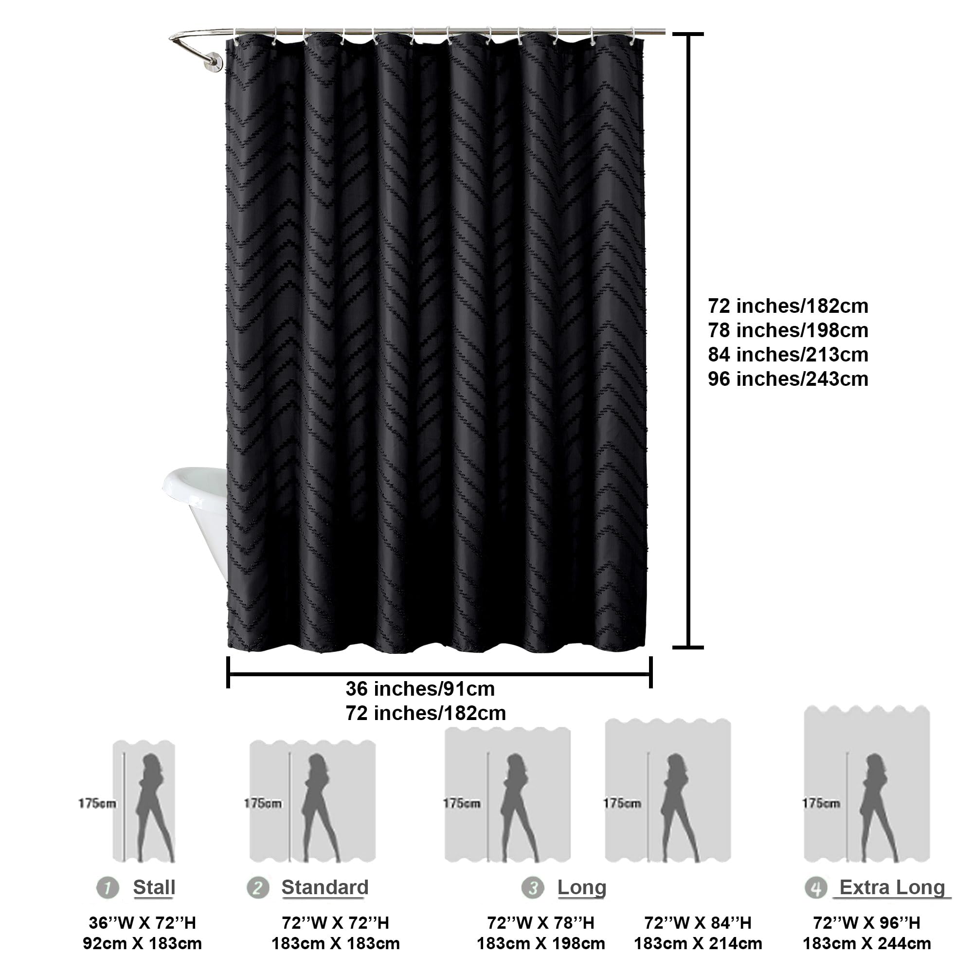 Chyhomenyc Chevron Extra Long Black Boho Shower Curtain Set 72X84 Inches, Fabric Shower Curtain Modern Farmhouse Chic Textured T